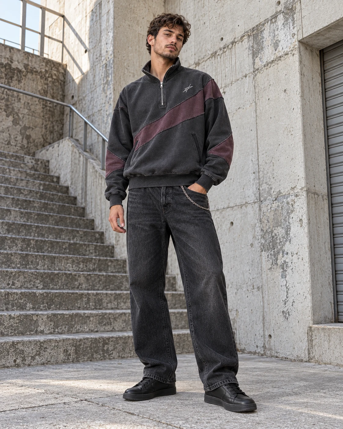 Full-body streetwear styling — Half-Zip Sweatshirt in washed graphite / dusty plum, AI-generated design concept