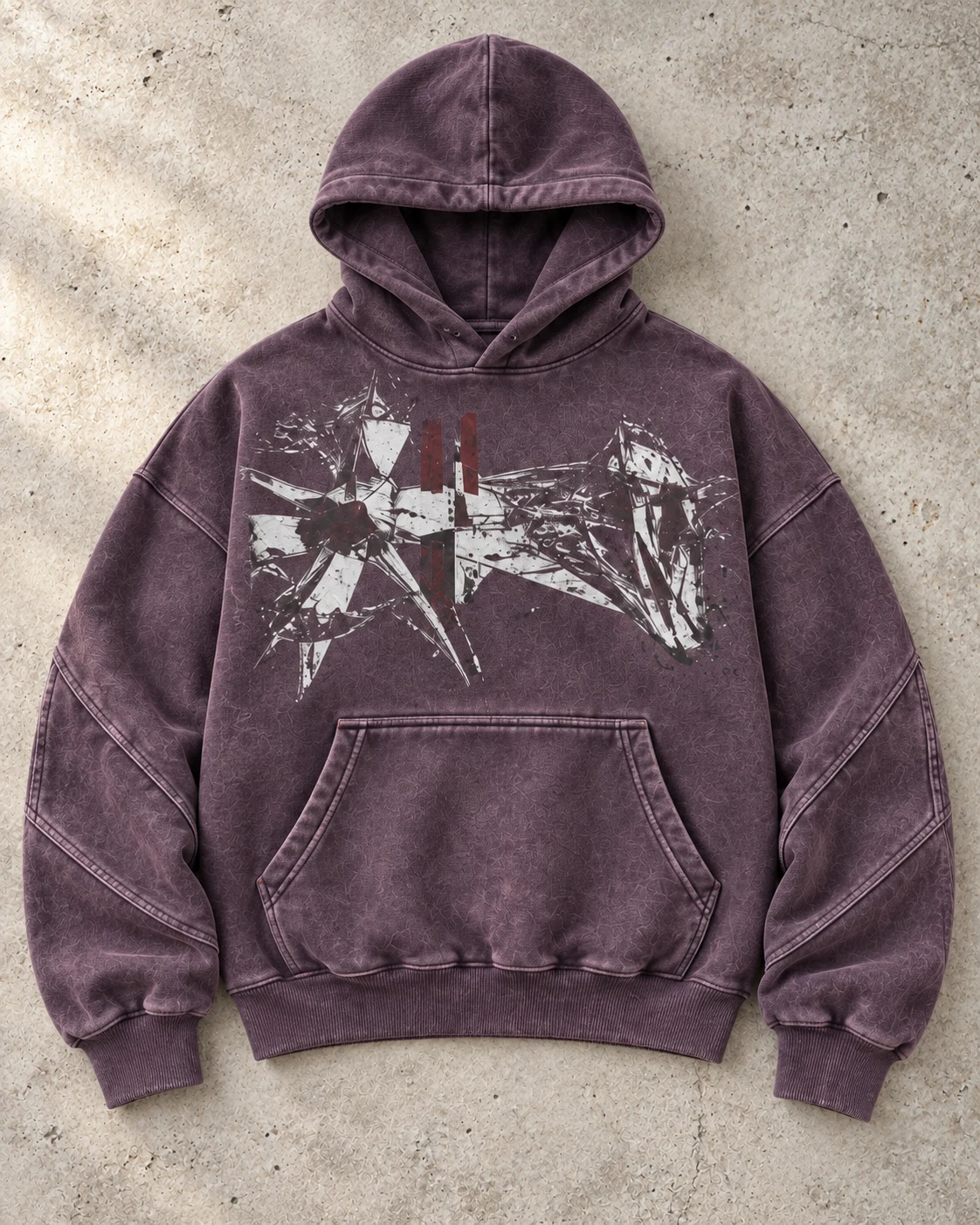 Full garment flat-lay showing the cut — Heavyweight Boxy Hoodie in smoky plum / bone / oxblood, AI-generated design concept
