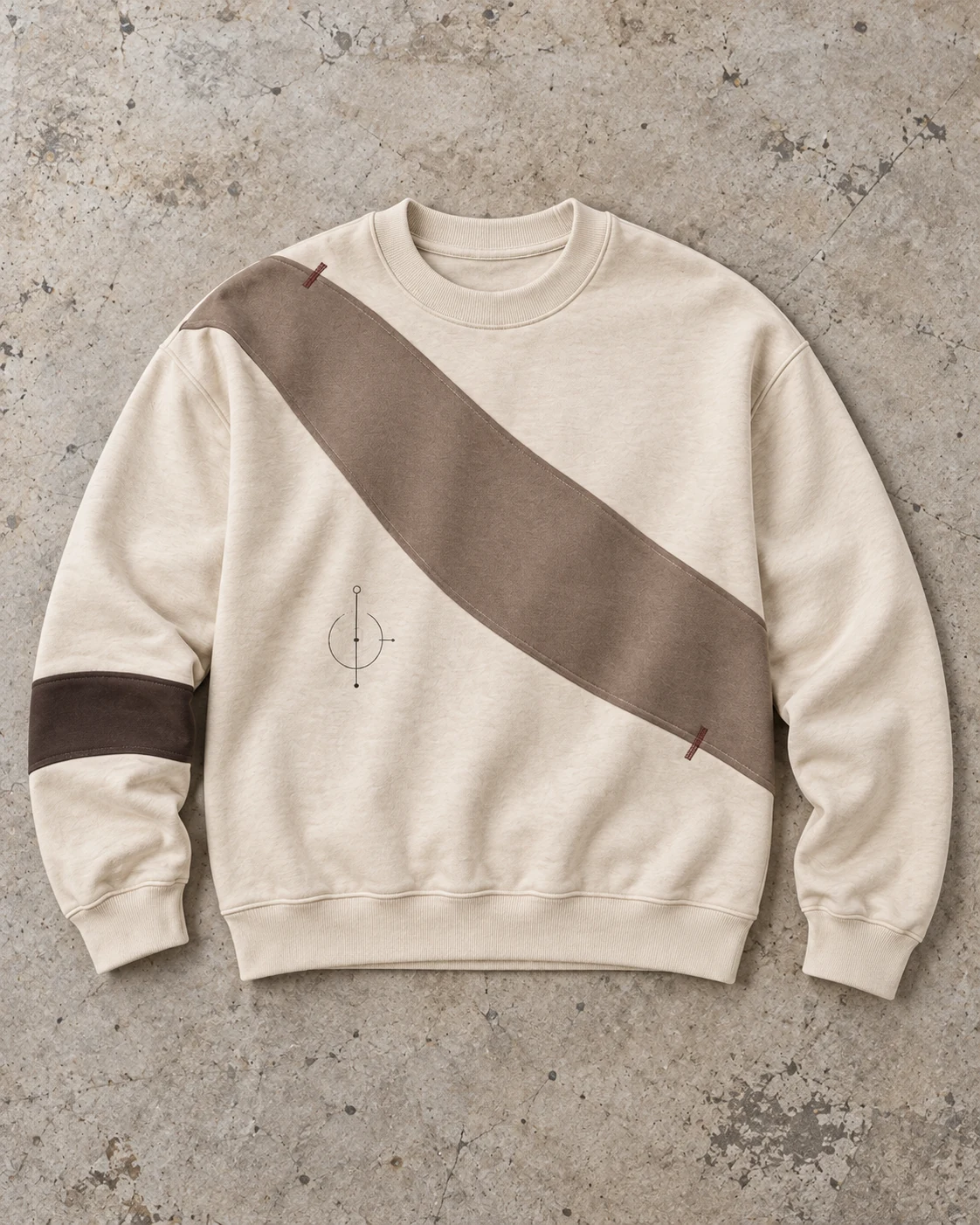 Full garment flat-lay showing the cut — Heavyweight Crewneck Sweatshirt in cream / taupe / espresso, AI-generated design concept