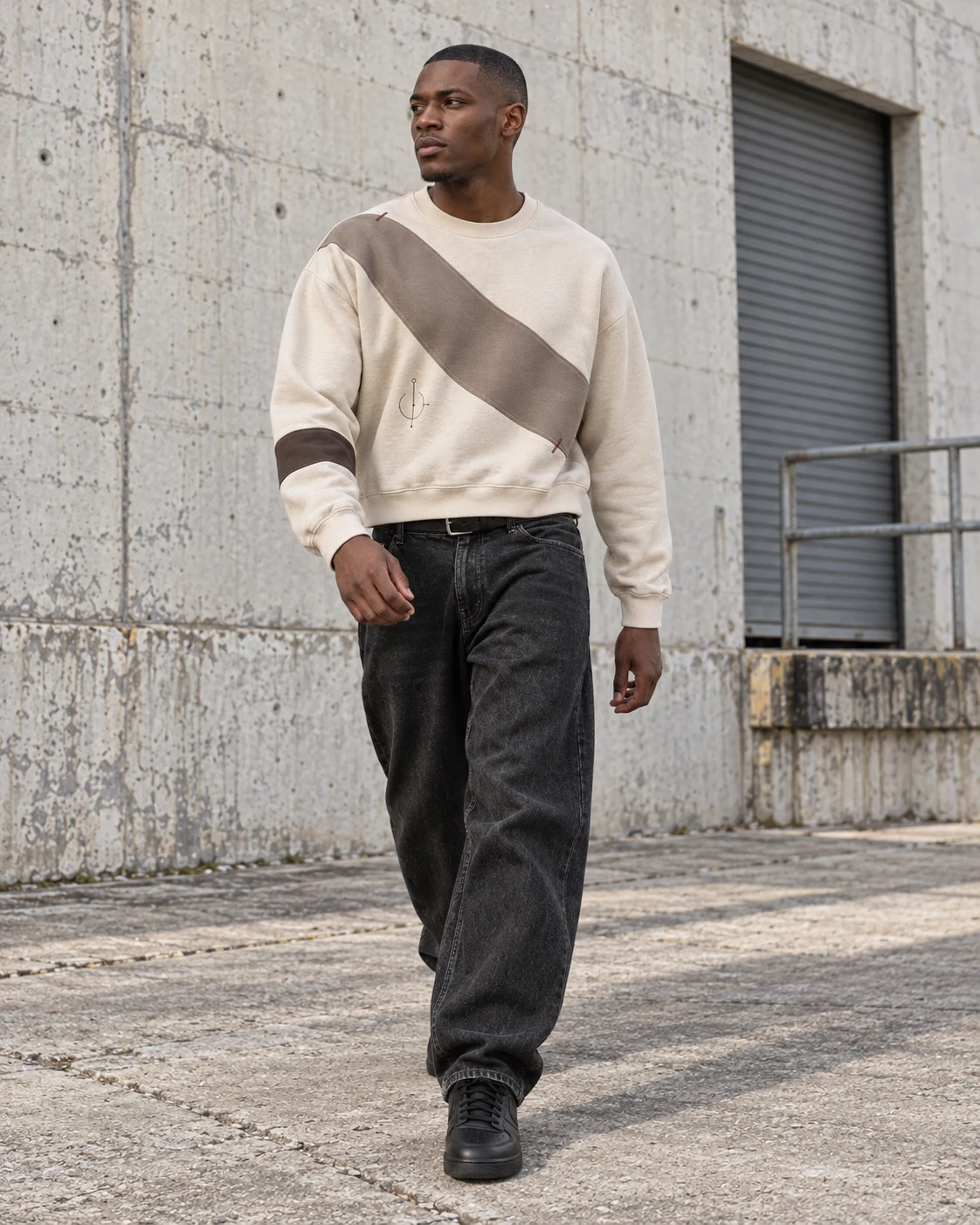 Full-body streetwear styling — Heavyweight Crewneck Sweatshirt in cream / taupe / espresso, AI-generated design concept