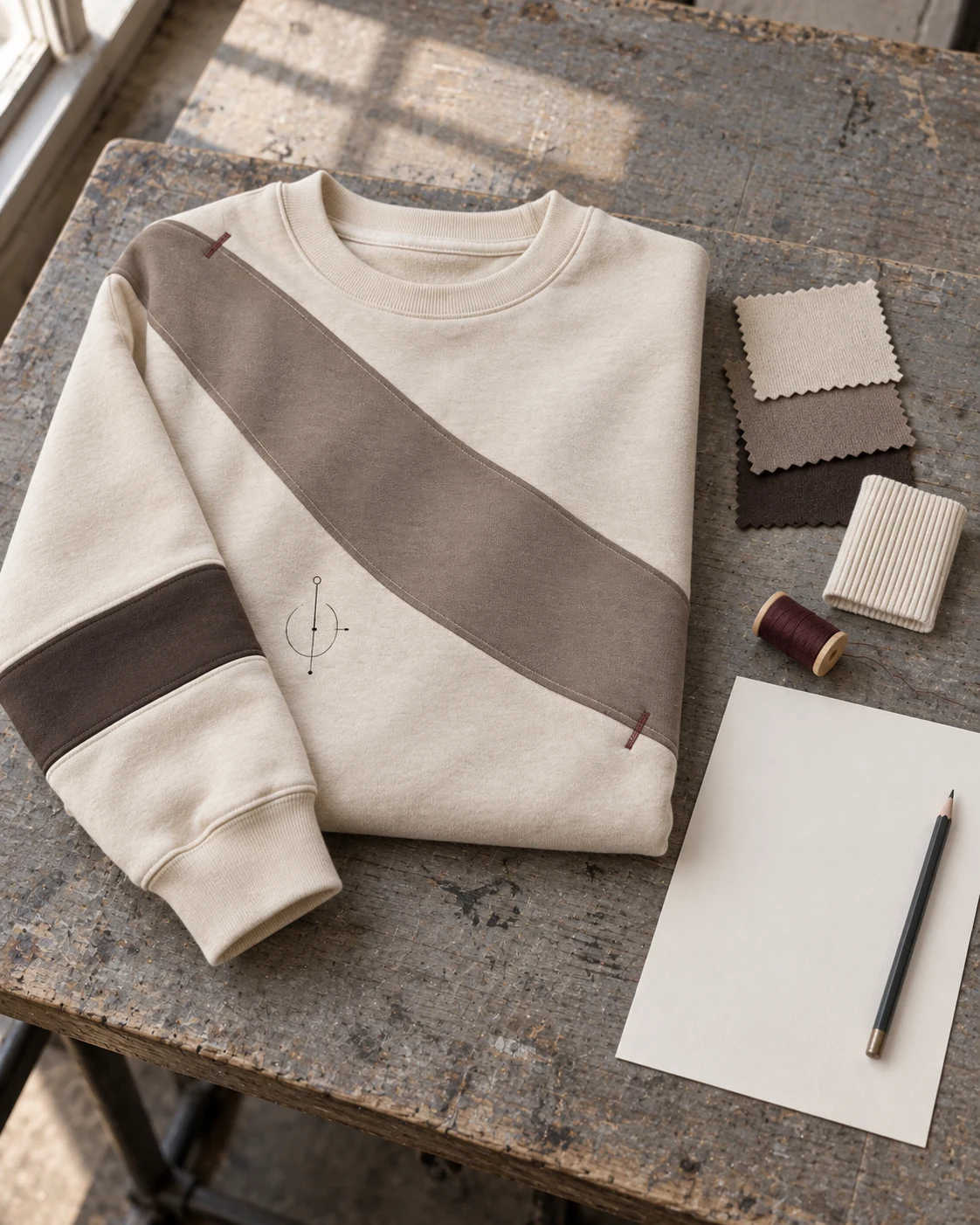Garment development concept with materials and trims — Heavyweight Crewneck Sweatshirt in cream / taupe / espresso, AI-generated design concept