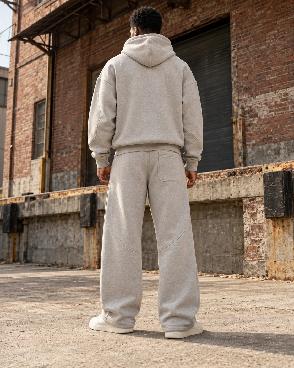 Back view of the same coordinated set — Heavyweight Hoodie & Sweatpants Set in cement grey / rust, AI-generated design concept