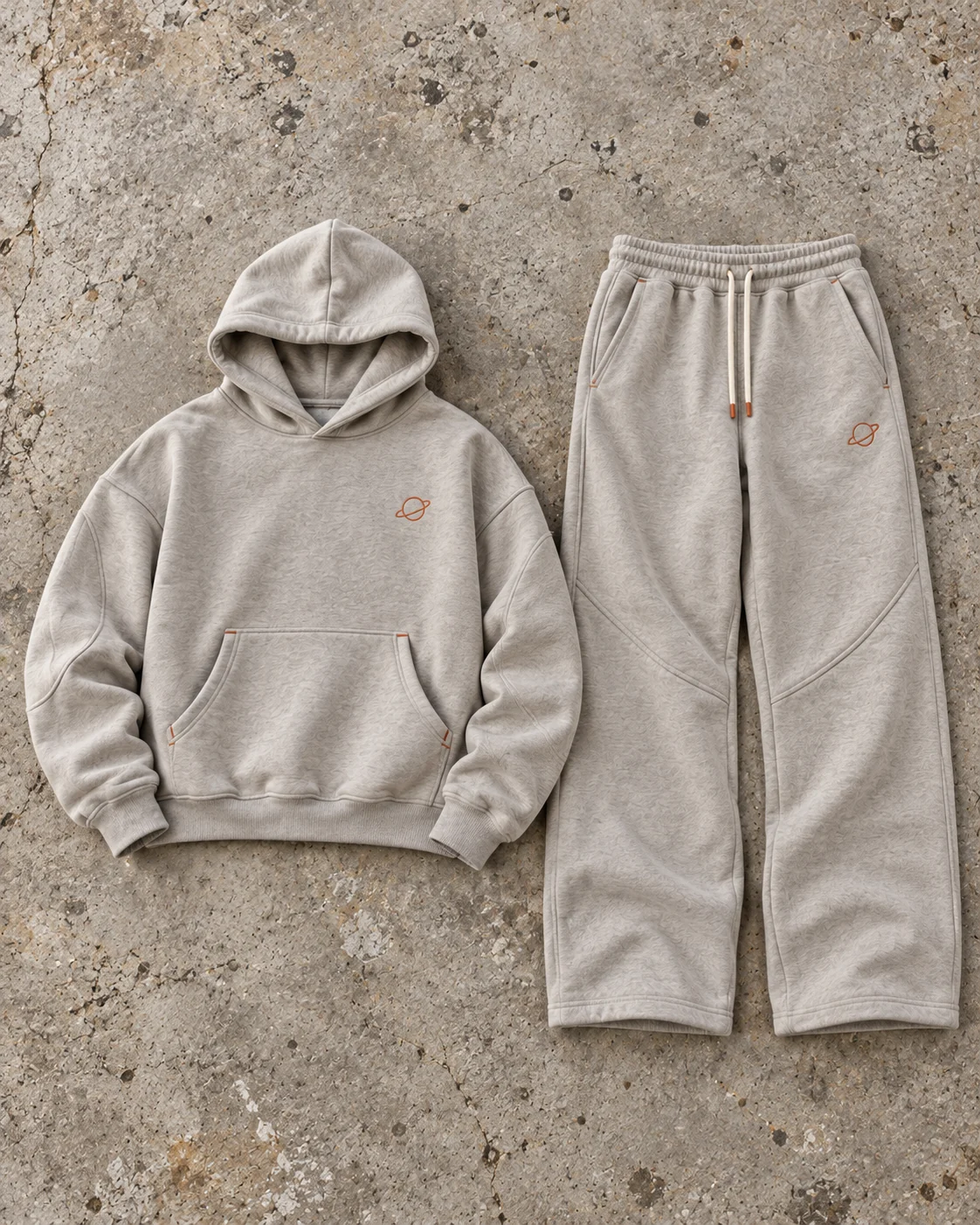 Complete top and bottom flat-lay showing their proportions — Heavyweight Hoodie & Sweatpants Set in cement grey / rust, AI-generated design concept