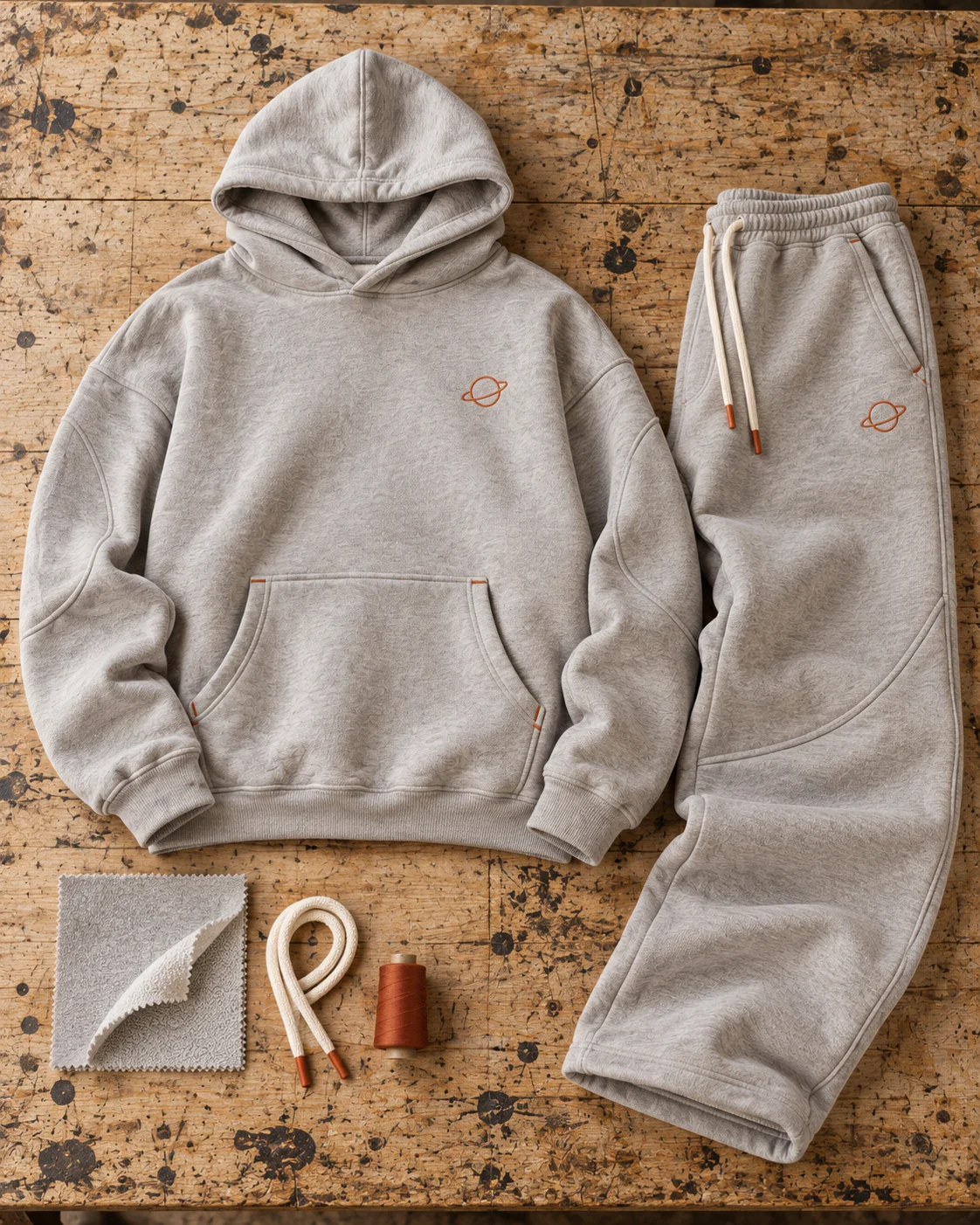 Two-piece development concept with materials and trims — Heavyweight Hoodie & Sweatpants Set in cement grey / rust, AI-generated design concept