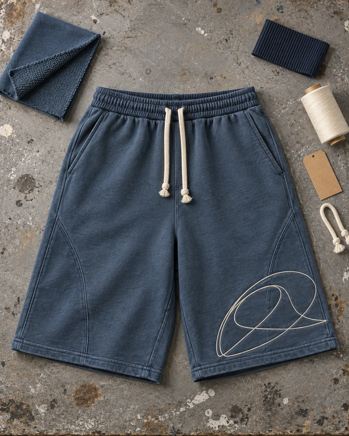 Garment development concept with materials and trims — Heavyweight Sweat Shorts in faded petrol / cream, AI-generated design concept