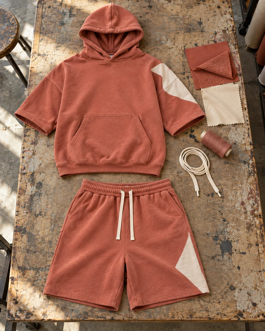 Two-piece development concept with materials and trims — Hoodie & Shorts Set in faded clay / bone, AI-generated design concept