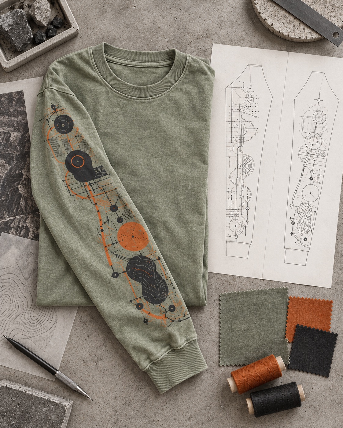 Garment development still life of the original long-sleeve sleeve-print t-shirt concept in mineral sage / burnt orange