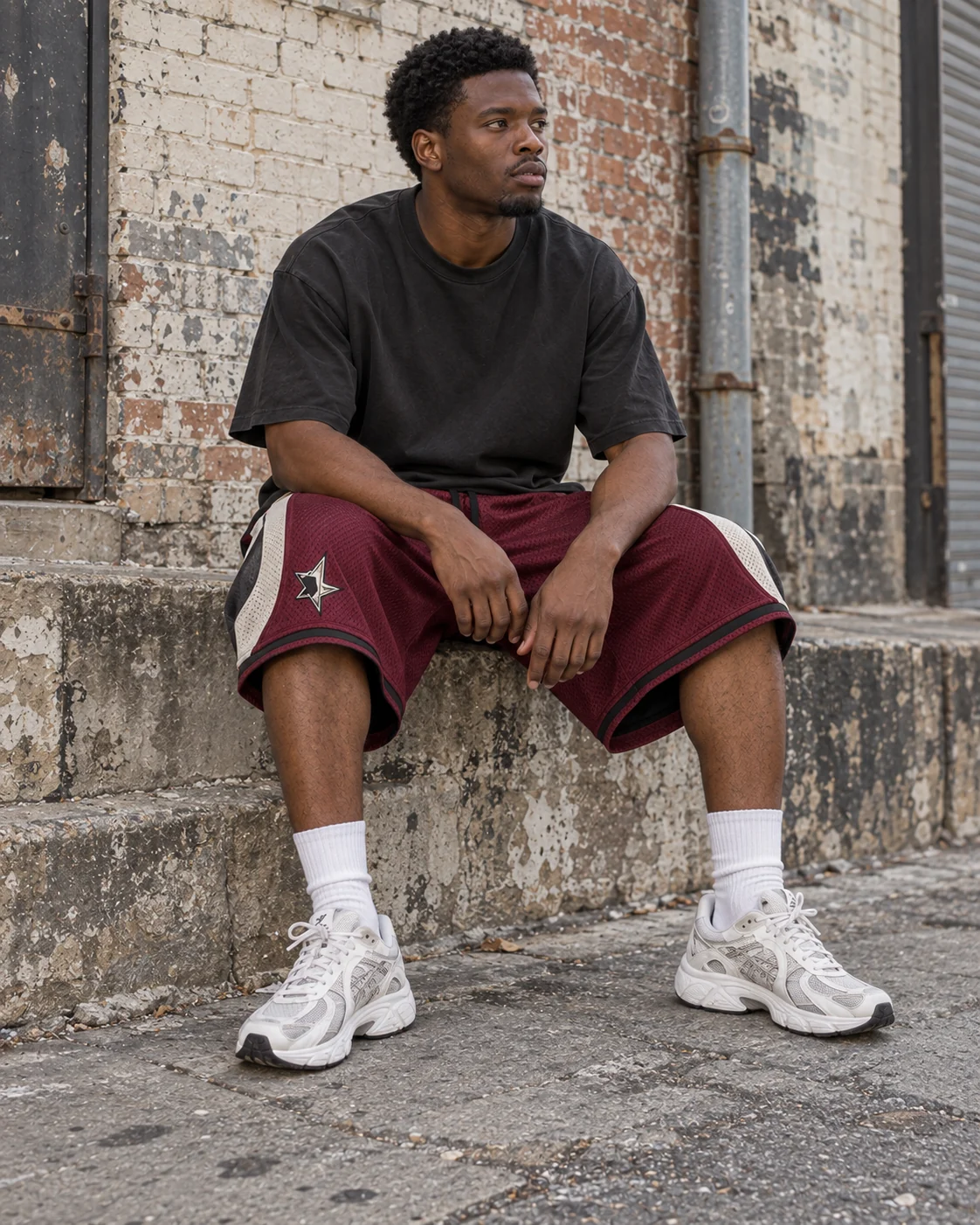 Full-body streetwear styling — Mesh Basketball Shorts in burgundy / bone / charcoal, AI-generated design concept