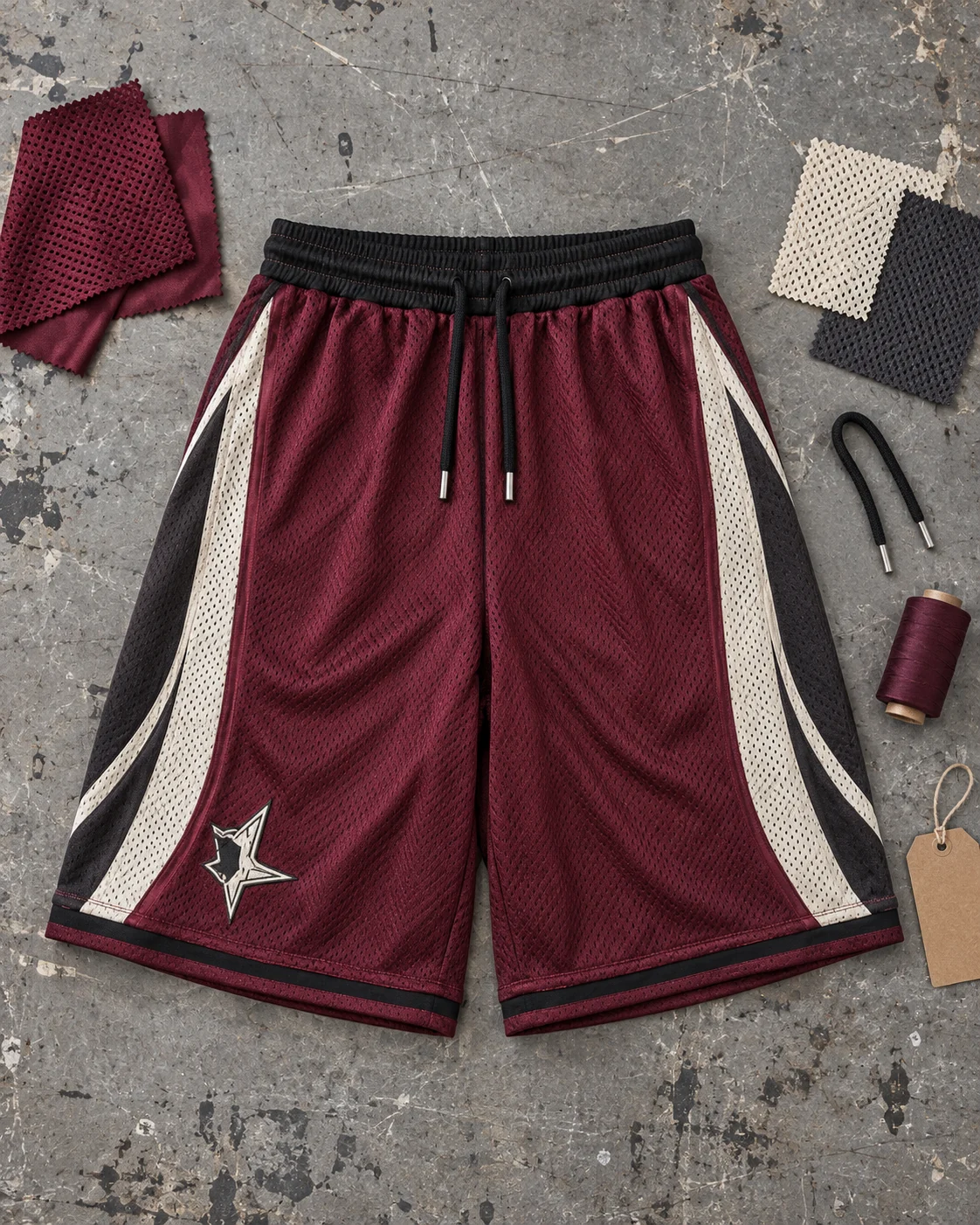 Garment development concept with materials and trims — Mesh Basketball Shorts in burgundy / bone / charcoal, AI-generated design concept