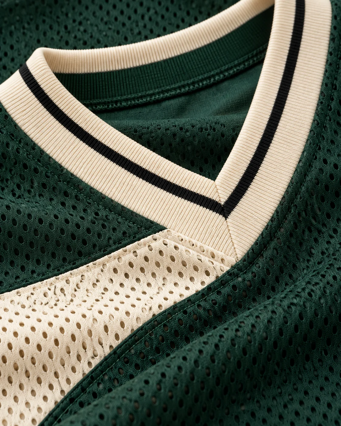 Close-up of fabric and coordinated construction — Mesh Jersey & Shorts Set in forest green / cream / rust, AI-generated design concept