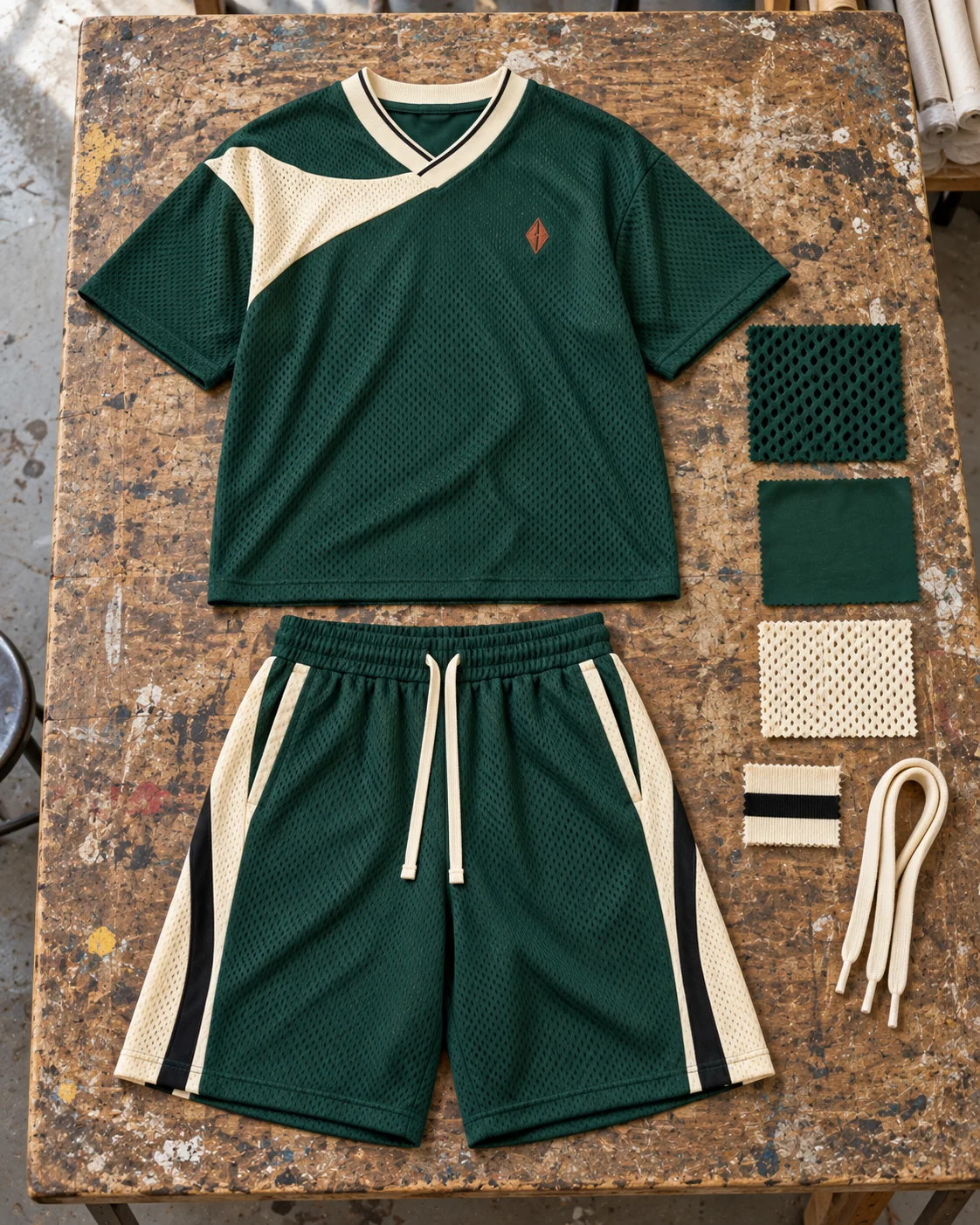 Two-piece development concept with materials and trims — Mesh Jersey & Shorts Set in forest green / cream / rust, AI-generated design concept
