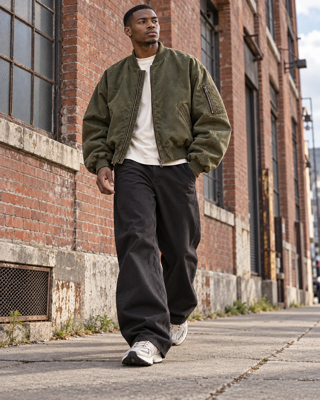 Full-body streetwear styling — Oversized Bomber Jacket in washed olive / rust, AI-generated design concept