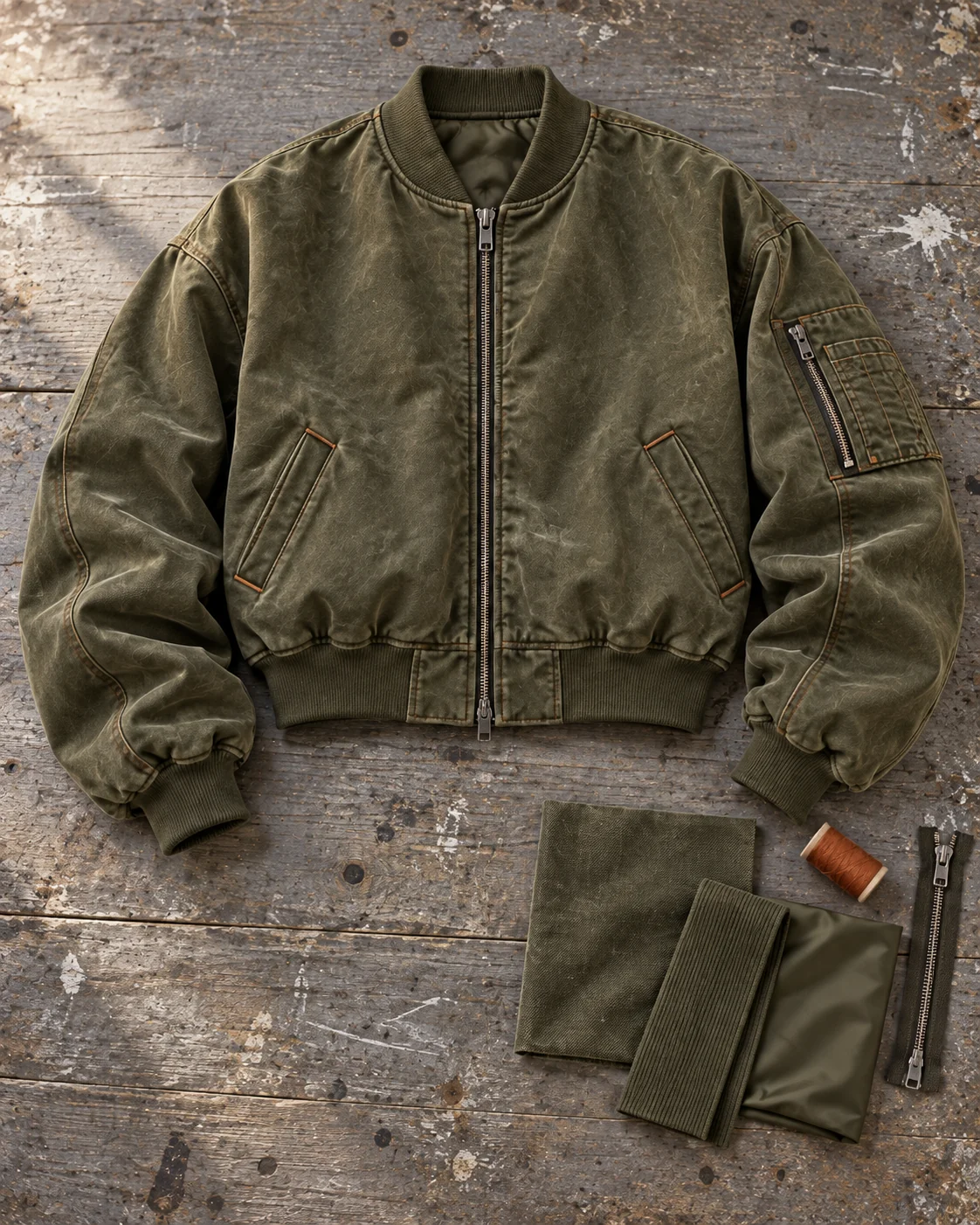 Garment development concept with materials and trims — Oversized Bomber Jacket in washed olive / rust, AI-generated design concept