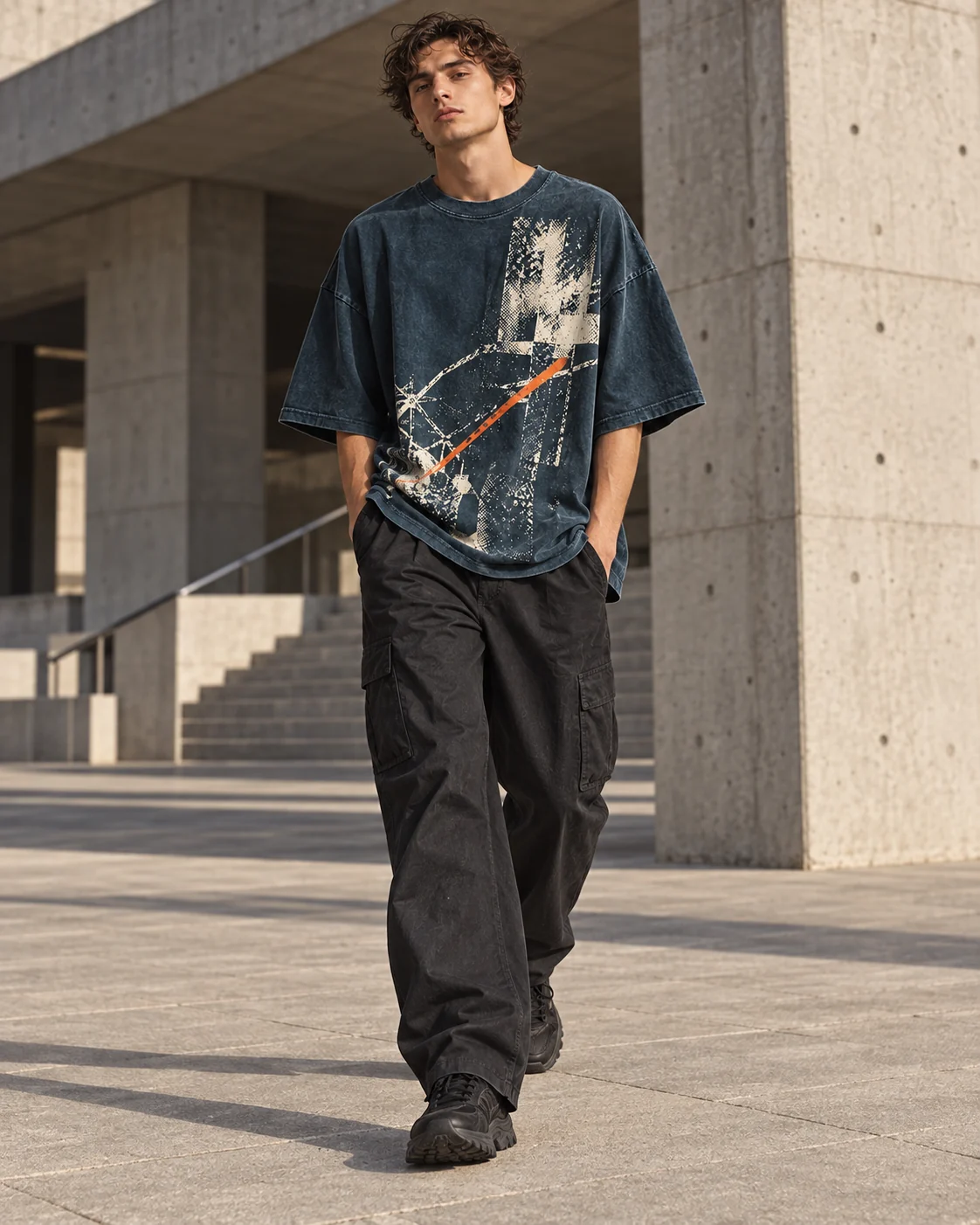 Same model wearing long oversized petrol-blue graphic T-shirt with relaxed charcoal trousers in a concrete urban plaza