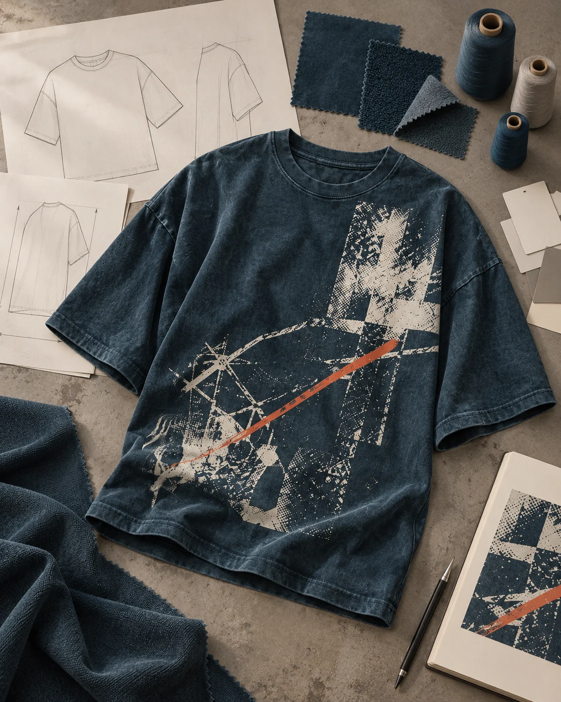 Conceptual development still life with oversized petrol-blue graphic T-shirt, fit sketches, fabric swatches and thread
