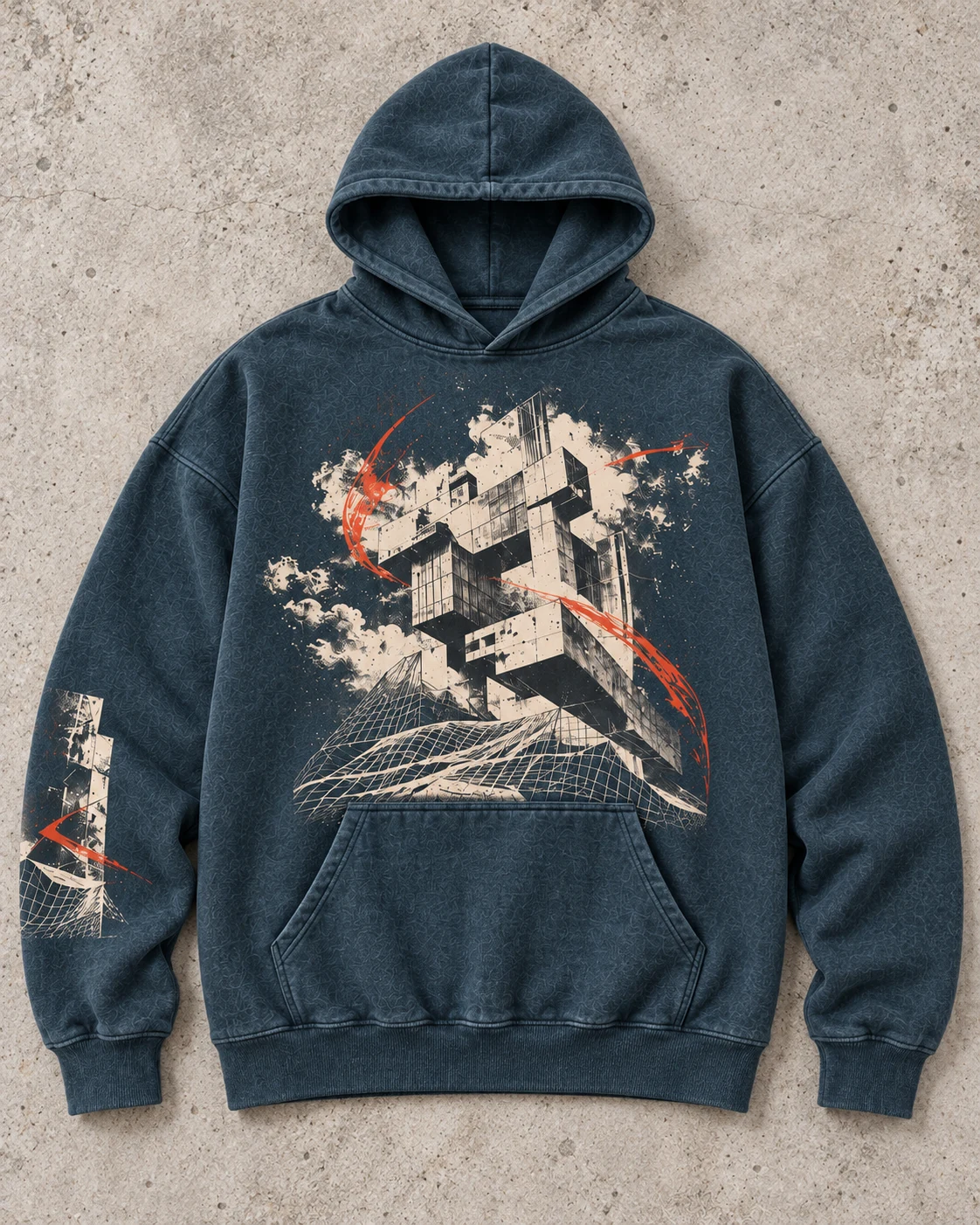Full garment flat-lay showing the cut — Oversized Graphic Hoodie in petrol / bone / vermilion, AI-generated design concept