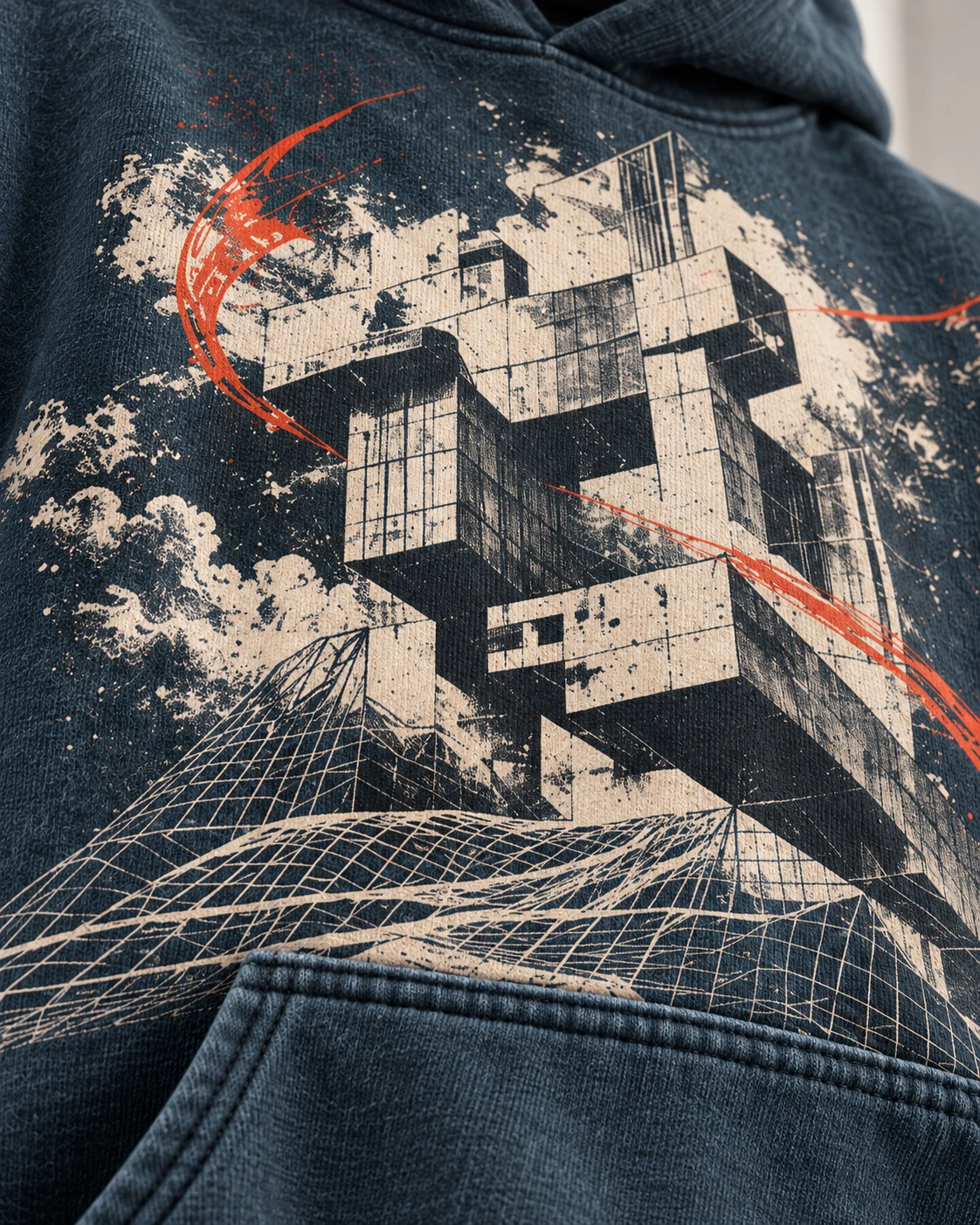 Close-up of fabric and signature construction — Oversized Graphic Hoodie in petrol / bone / vermilion, AI-generated design concept