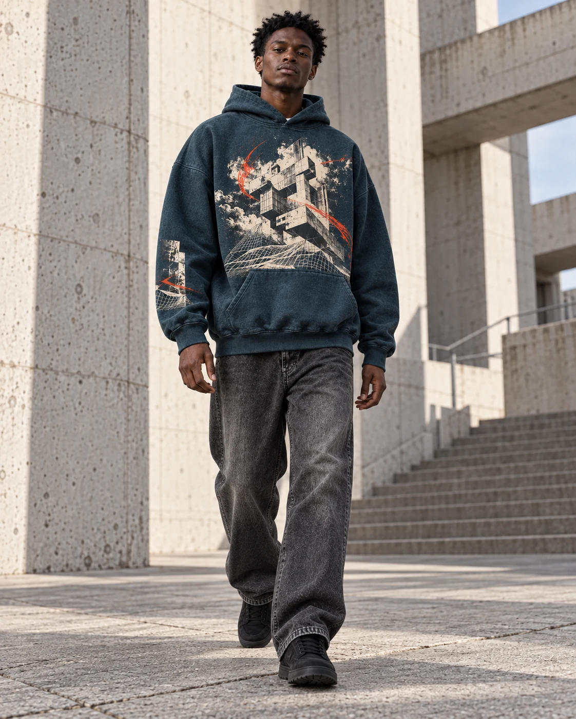Full-body streetwear styling — Oversized Graphic Hoodie in petrol / bone / vermilion, AI-generated design concept