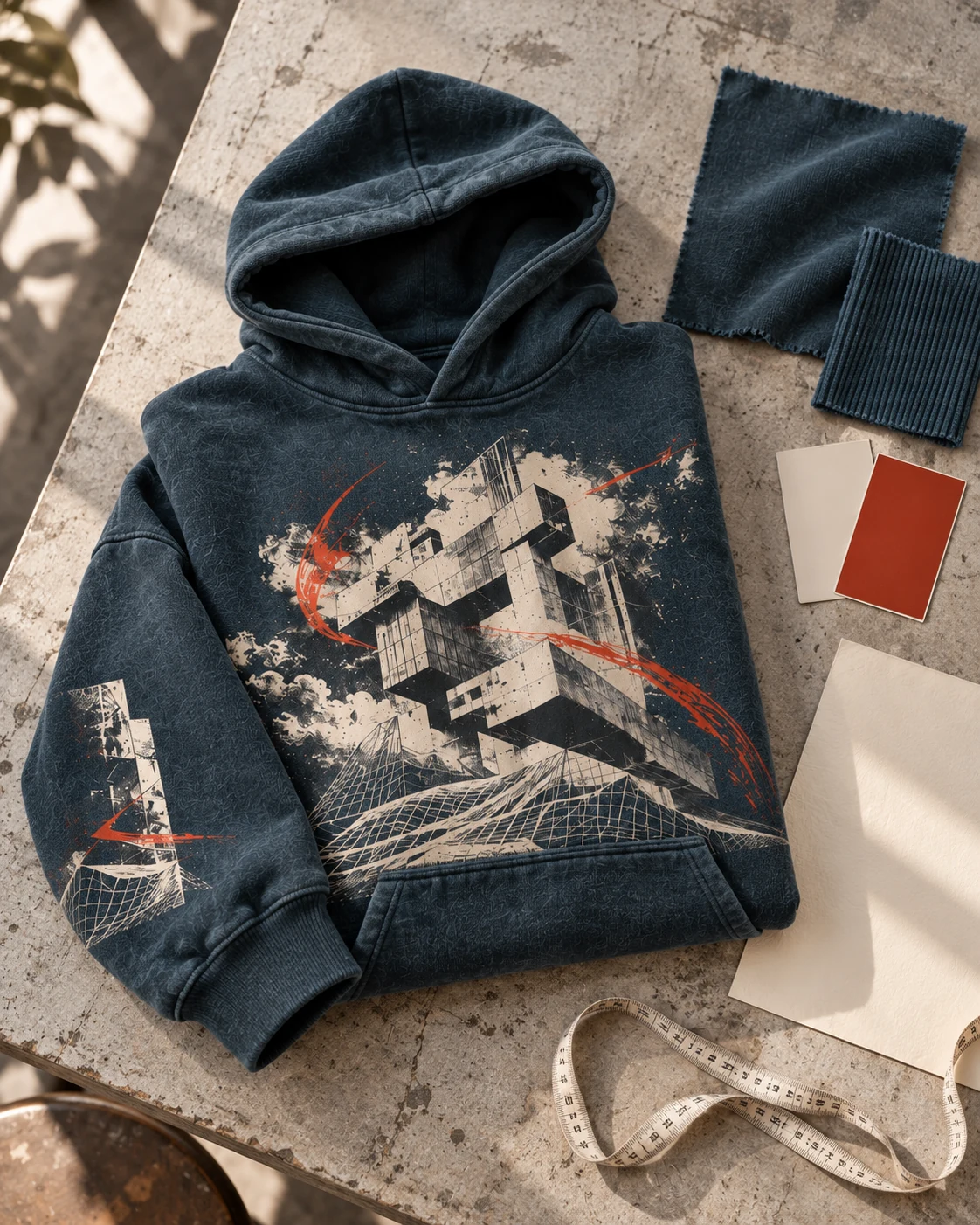 Garment development concept with materials and trims — Oversized Graphic Hoodie in petrol / bone / vermilion, AI-generated design concept