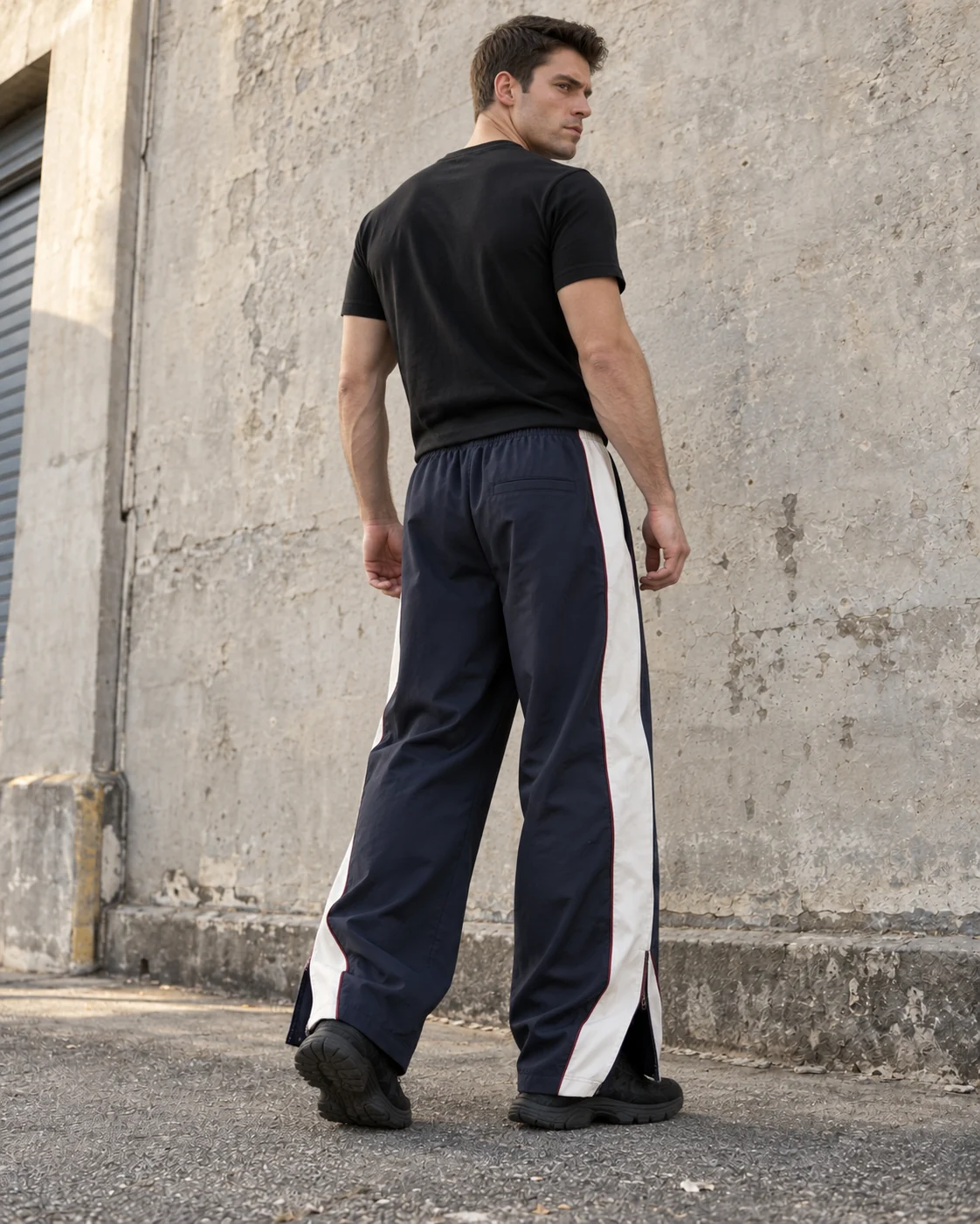 Distinct back design on the same model — Panelled Track Pants in midnight navy / ivory / burgundy, AI-generated design concept