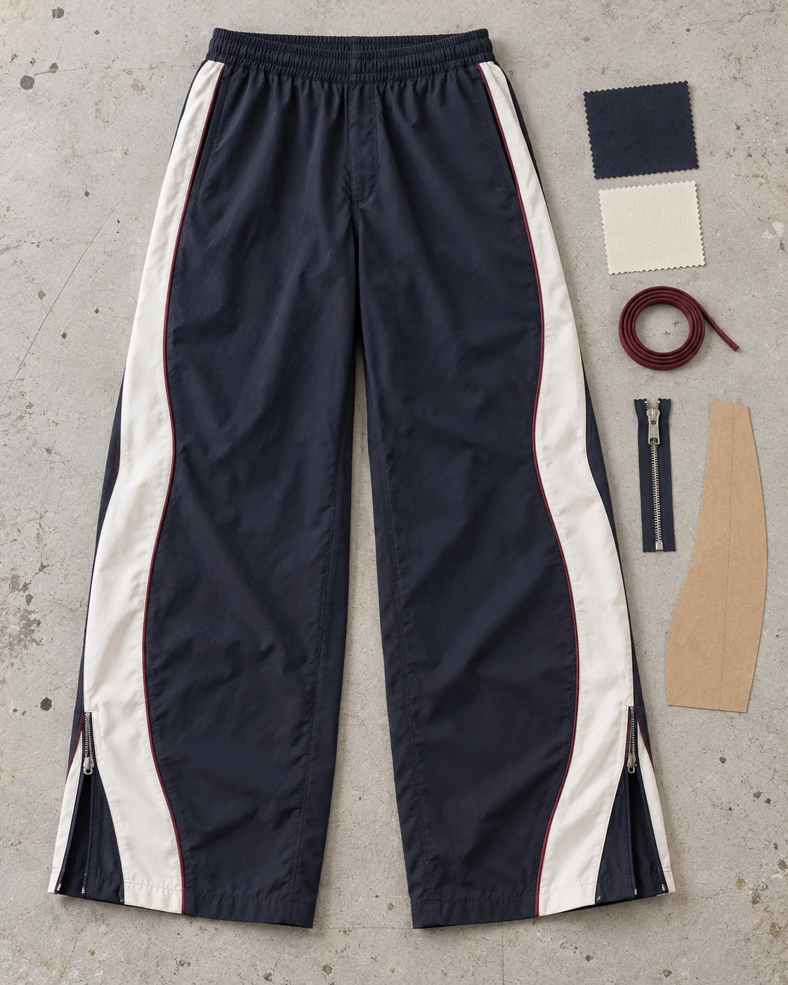 Garment development concept with materials and trims — Panelled Track Pants in midnight navy / ivory / burgundy, AI-generated design concept