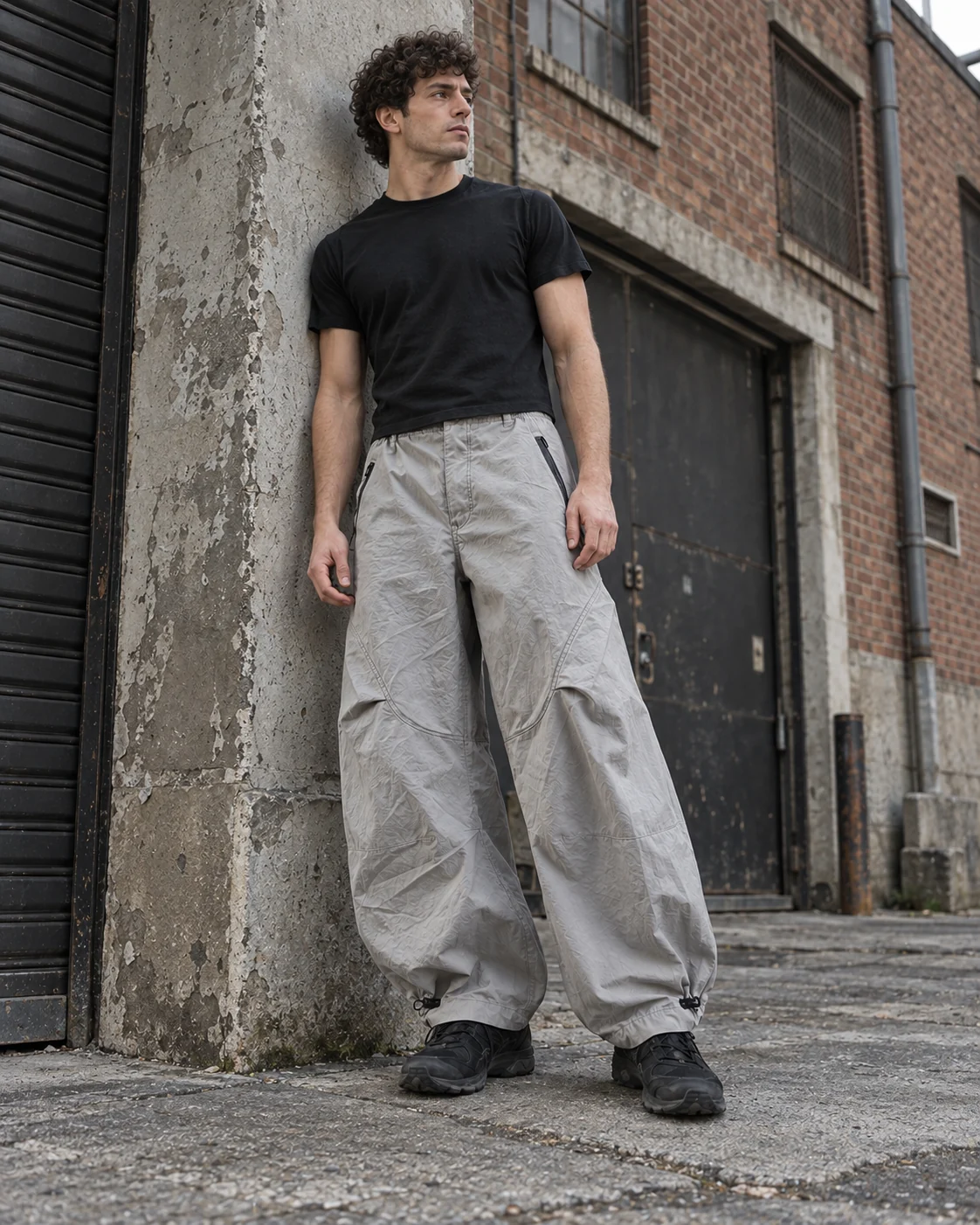 Full-body streetwear styling — Parachute Pants in stone grey / charcoal, AI-generated design concept