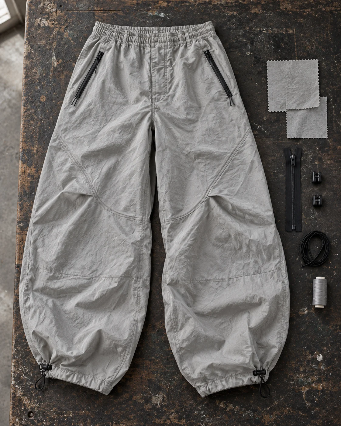 Garment development concept with materials and trims — Parachute Pants in stone grey / charcoal, AI-generated design concept