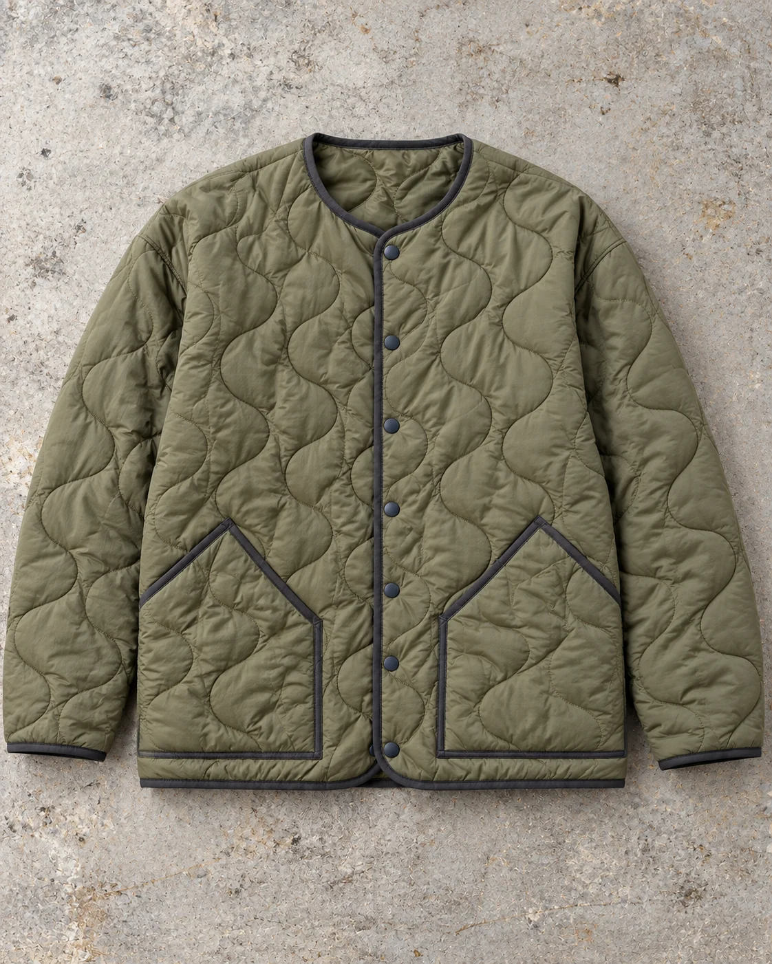 Full garment flat-lay showing the cut — Quilted Liner Jacket in dusty moss / charcoal, AI-generated design concept