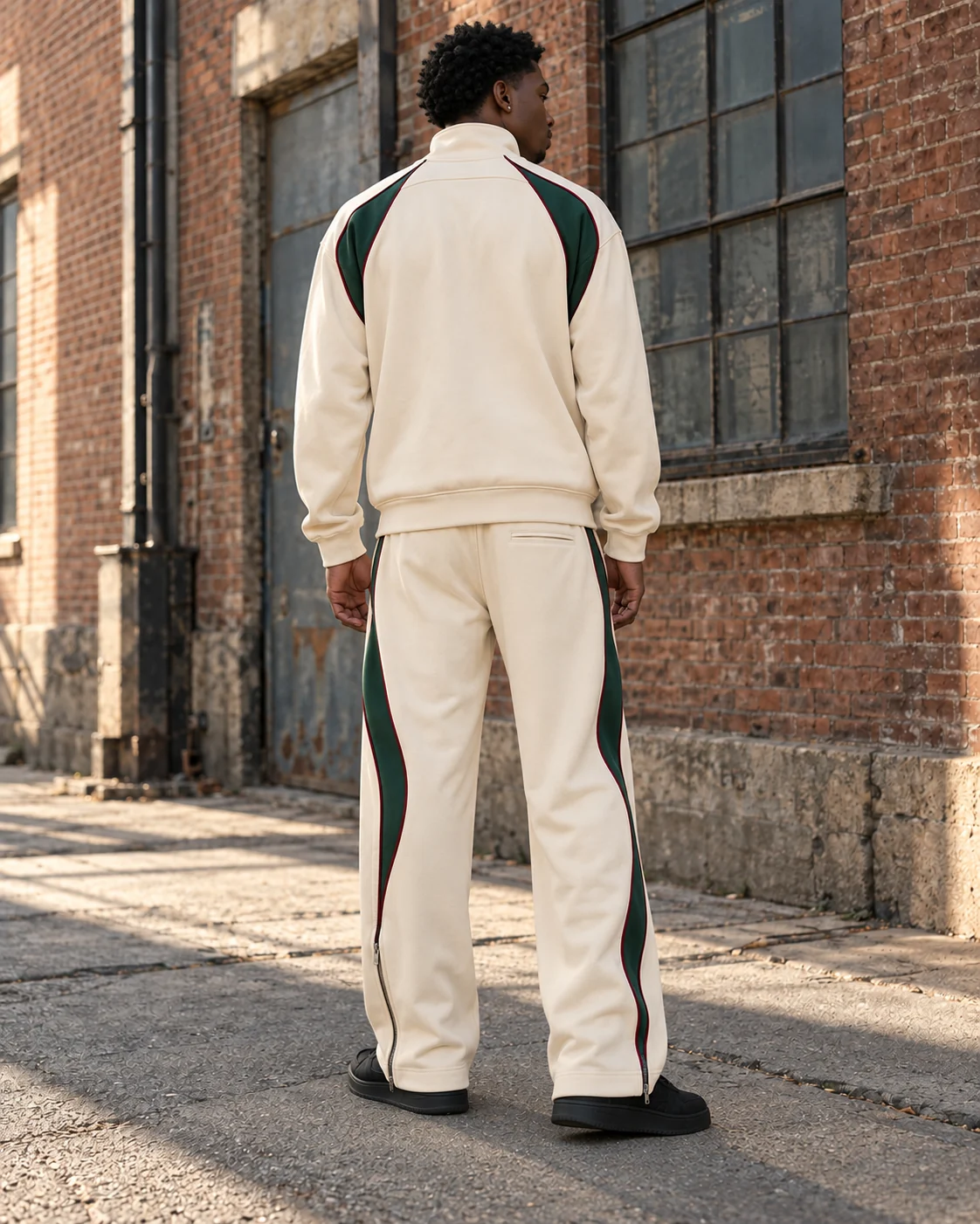Back view of the same coordinated set — Retro Piped Track Set in ecru / forest / oxblood, AI-generated design concept