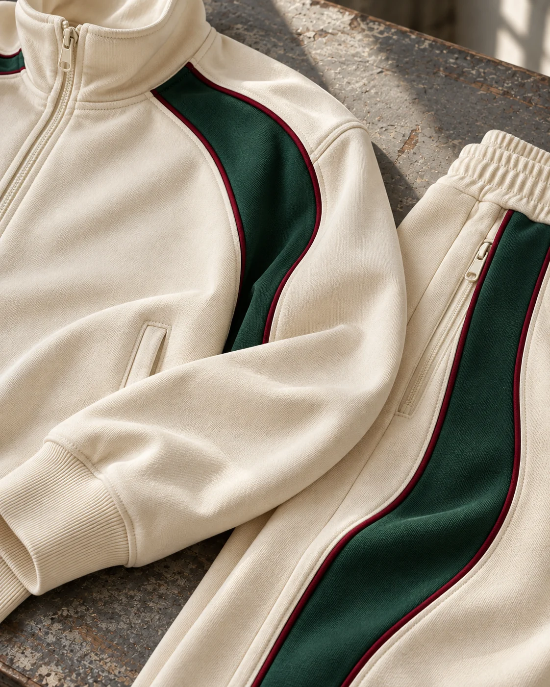Close-up of fabric and coordinated construction — Retro Piped Track Set in ecru / forest / oxblood, AI-generated design concept