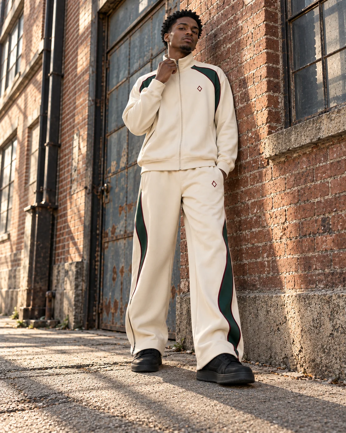 Full-body streetwear styling of the matching set — Retro Piped Track Set in ecru / forest / oxblood, AI-generated design concept