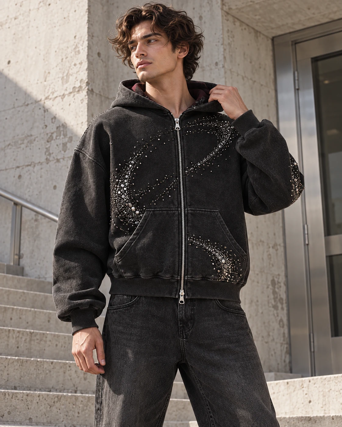 Rhinestone Zip Hoodie from the Xinhui custom streetwear detail collection — AI design concept