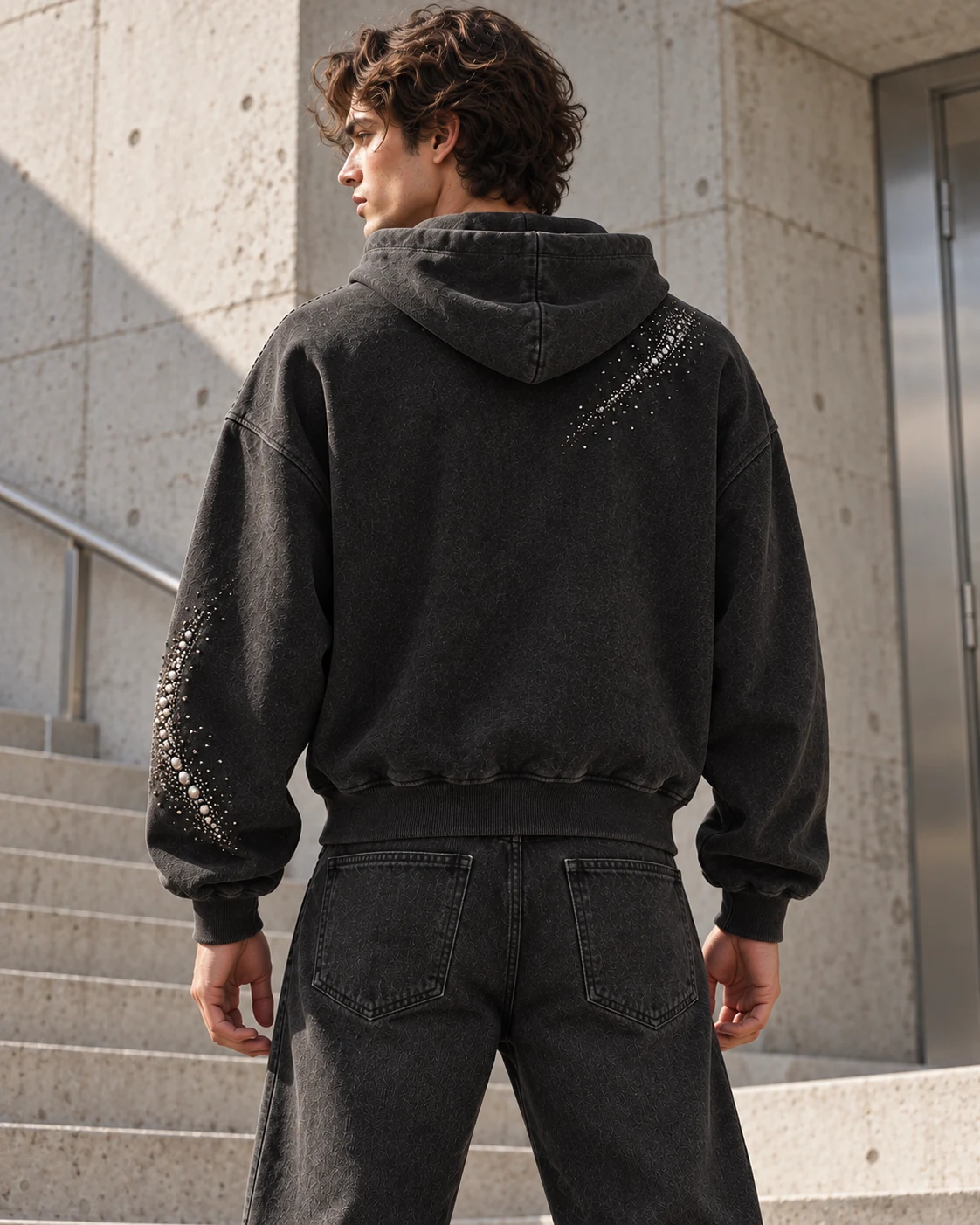 Distinct back design on the same model — Rhinestone Zip Hoodie in charcoal / silver / plum, AI-generated design concept