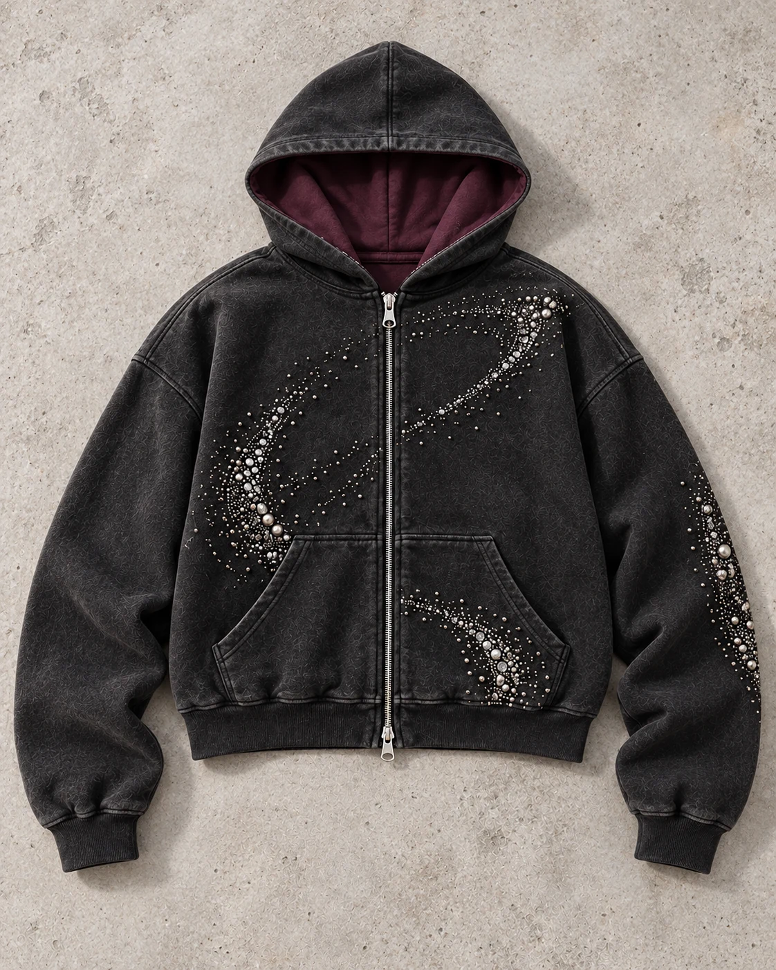 Full garment flat-lay showing the cut — Rhinestone Zip Hoodie in charcoal / silver / plum, AI-generated design concept