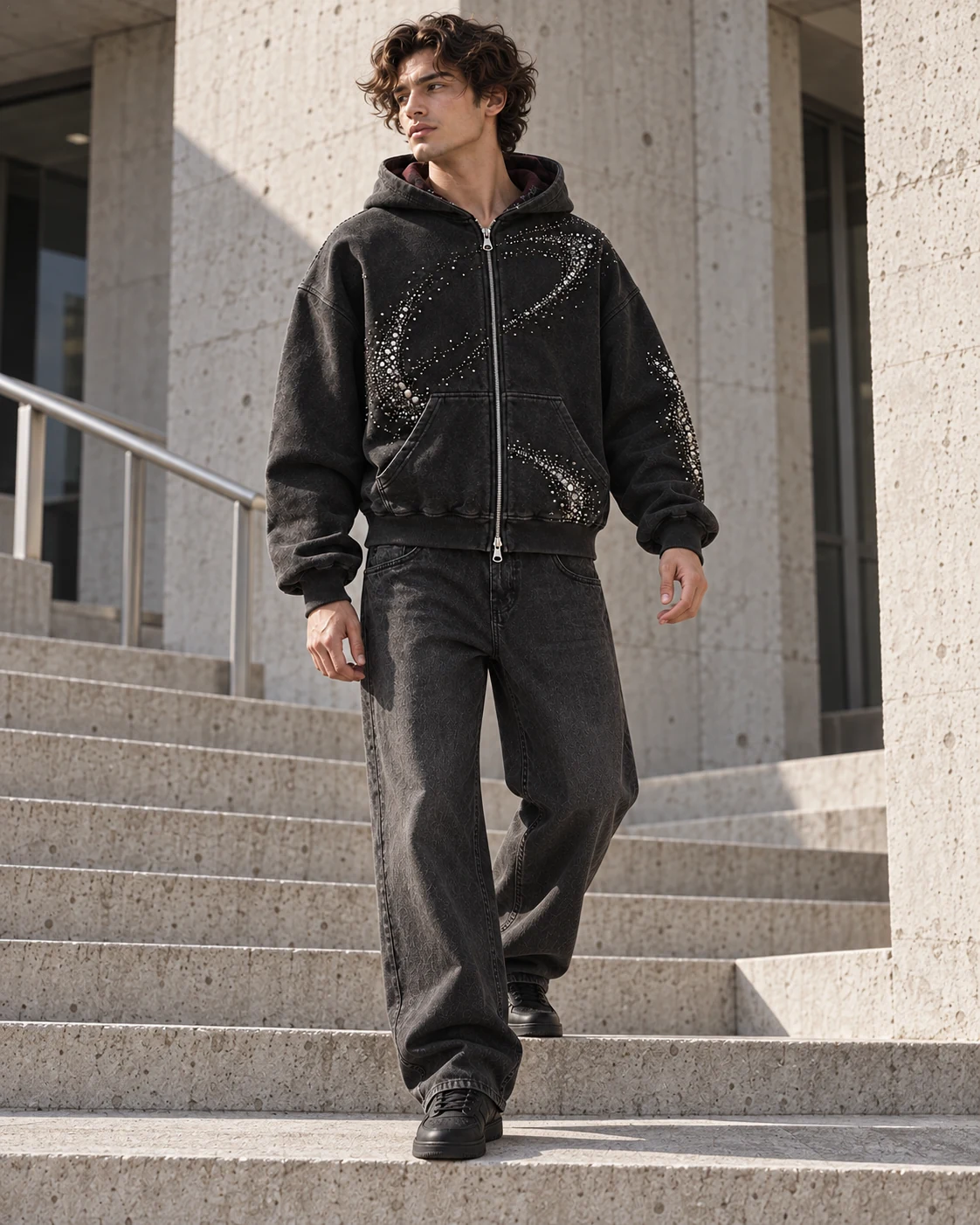 Full-body streetwear styling — Rhinestone Zip Hoodie in charcoal / silver / plum, AI-generated design concept