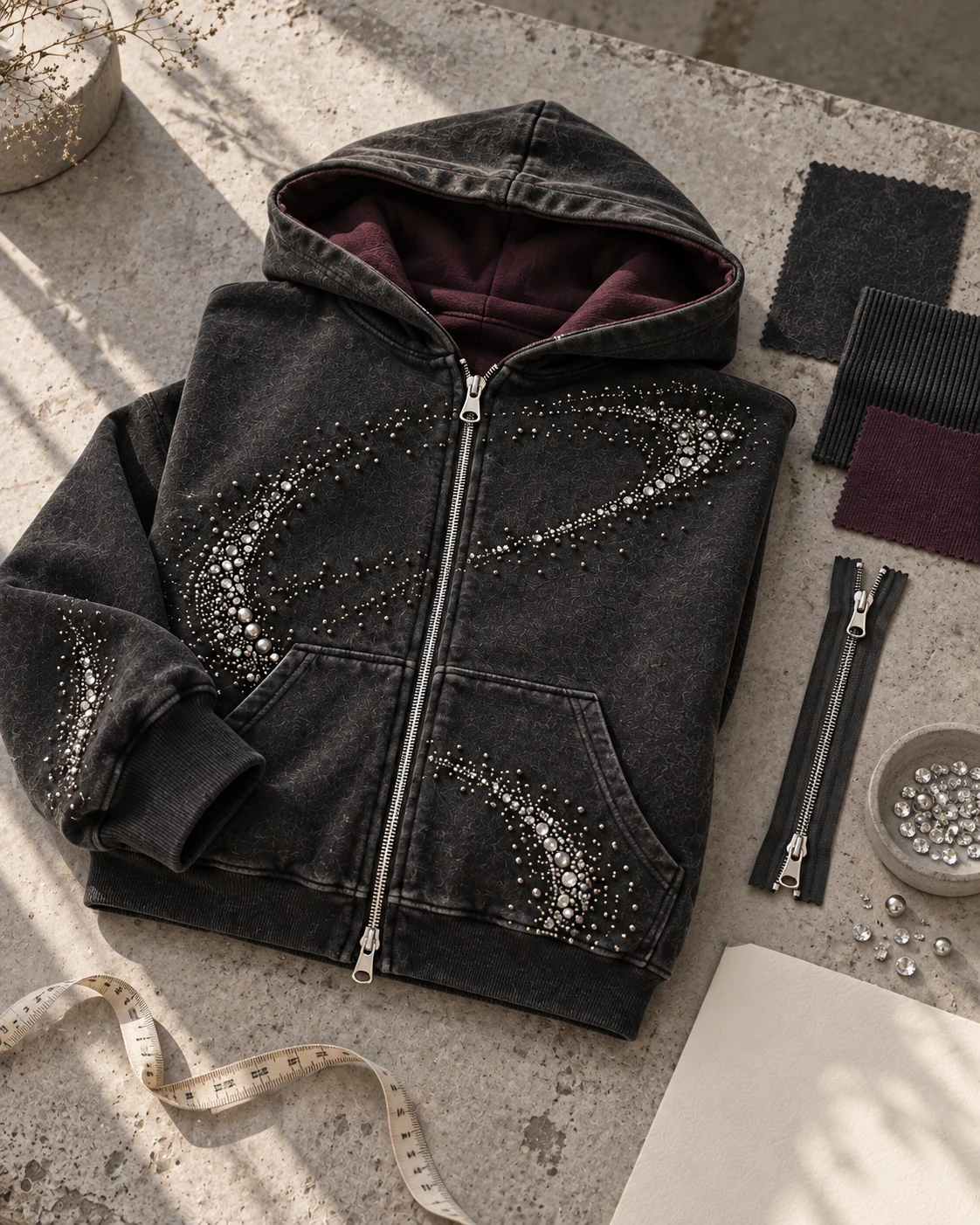 Garment development concept with materials and trims — Rhinestone Zip Hoodie in charcoal / silver / plum, AI-generated design concept