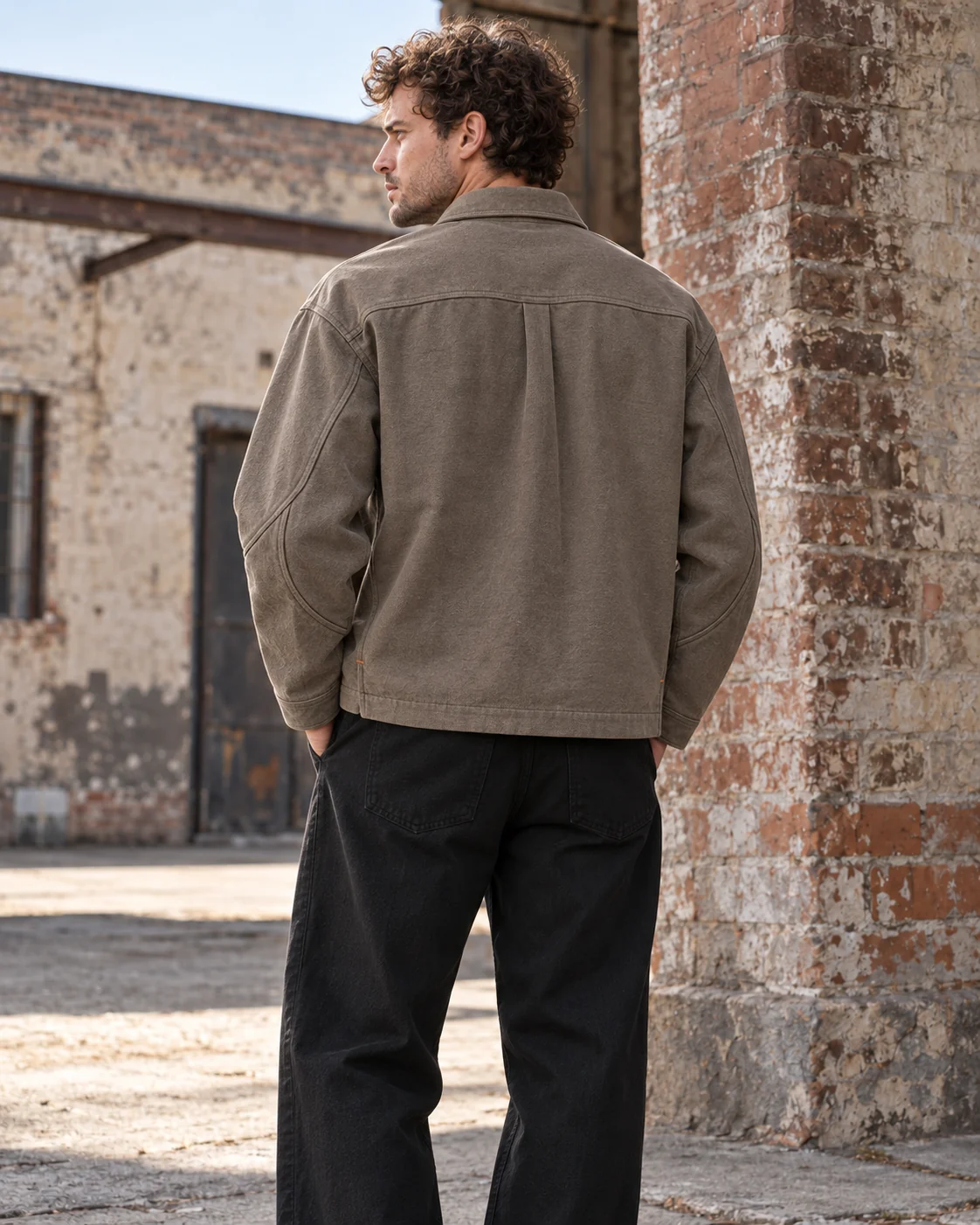 Distinct back design on the same model — Utility Overshirt in warm taupe / rust, AI-generated design concept