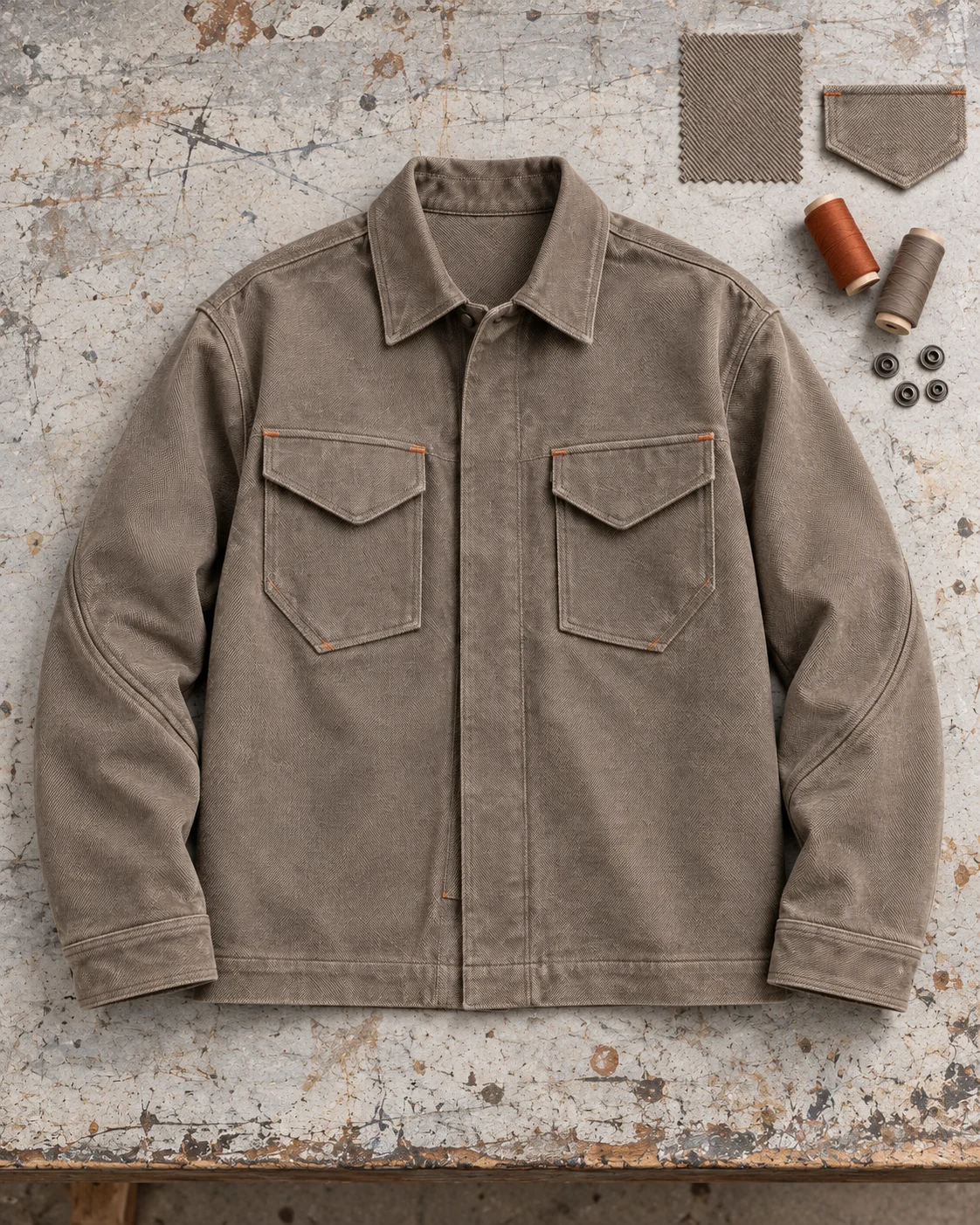 Garment development concept with materials and trims — Utility Overshirt in warm taupe / rust, AI-generated design concept
