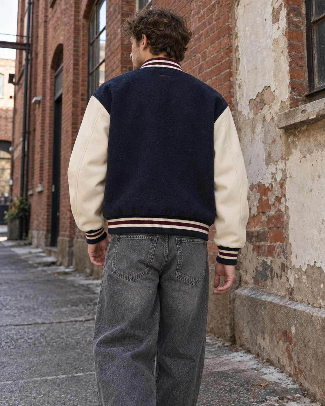 Distinct back design on the same model — Varsity Jacket in midnight navy / bone / oxblood, AI-generated design concept