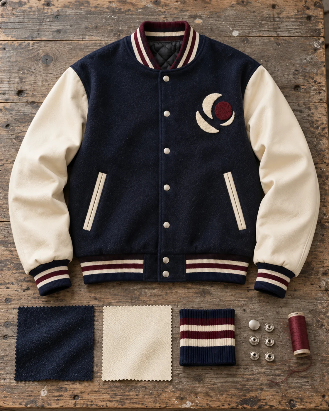 Garment development concept with materials and trims — Varsity Jacket in midnight navy / bone / oxblood, AI-generated design concept