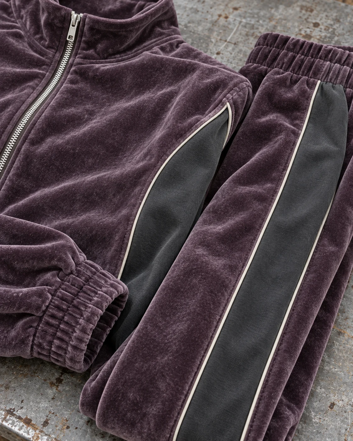 Close-up of fabric and coordinated construction — Velour Zip Tracksuit in smoked plum / graphite, AI-generated design concept