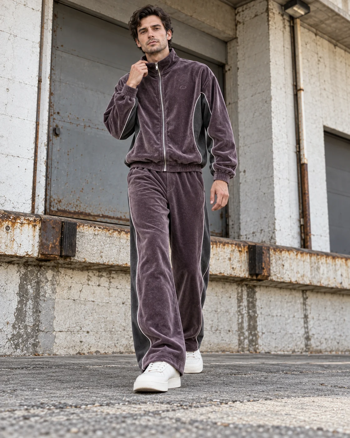 Full-body streetwear styling of the matching set — Velour Zip Tracksuit in smoked plum / graphite, AI-generated design concept