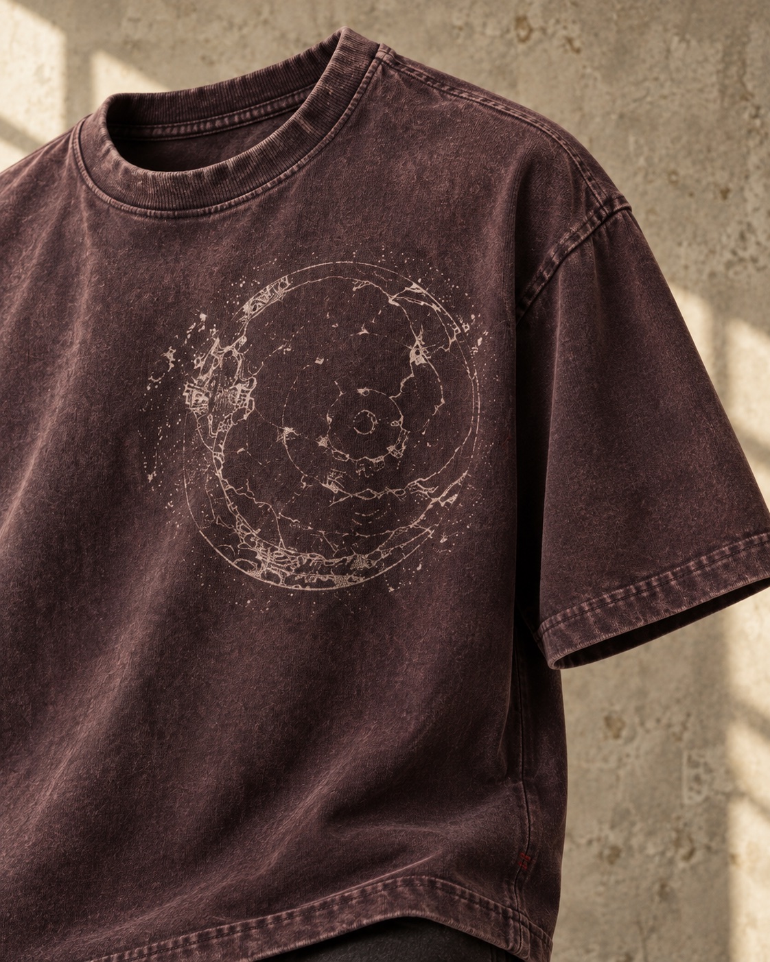 Close-up of the faded aubergine cotton jersey, rib collar, washed shoulder seam and worn chalk-ivory circular print