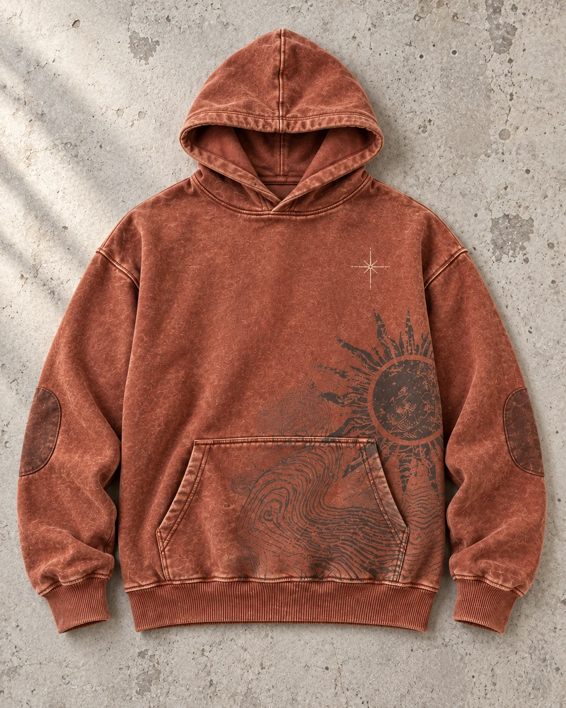 Full garment flat-lay showing the cut — Vintage Wash Hoodie in faded rust / charcoal / cream, AI-generated design concept