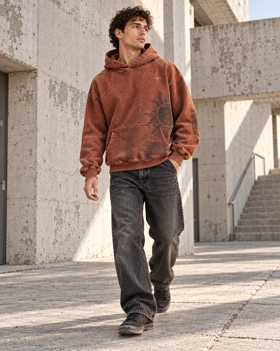Full-body streetwear styling — Vintage Wash Hoodie in faded rust / charcoal / cream, AI-generated design concept