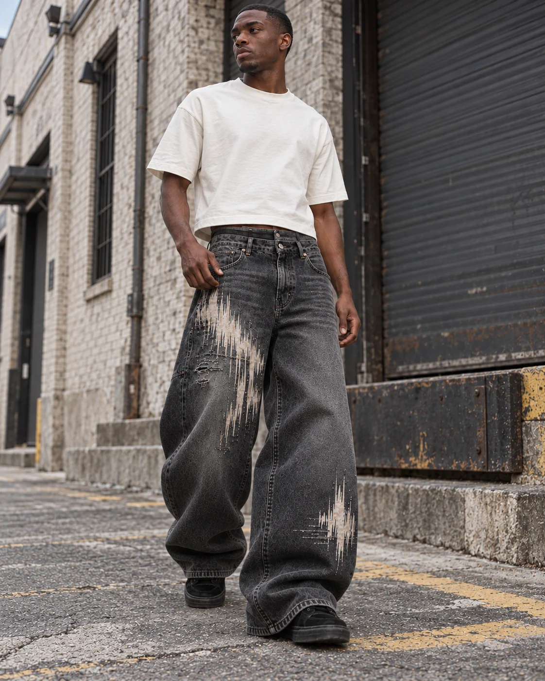 Full-body streetwear styling — Vintage-Wash Graphic Jeans in washed charcoal / bone, AI-generated design concept