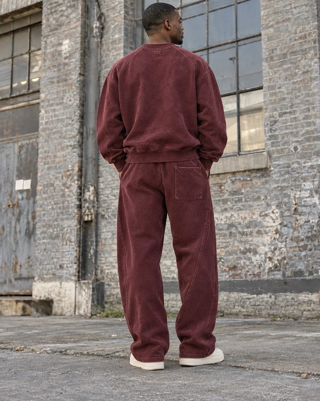 Back view of the same coordinated set — Vintage-Wash Sweat Set in faded oxblood / chalk, AI-generated design concept
