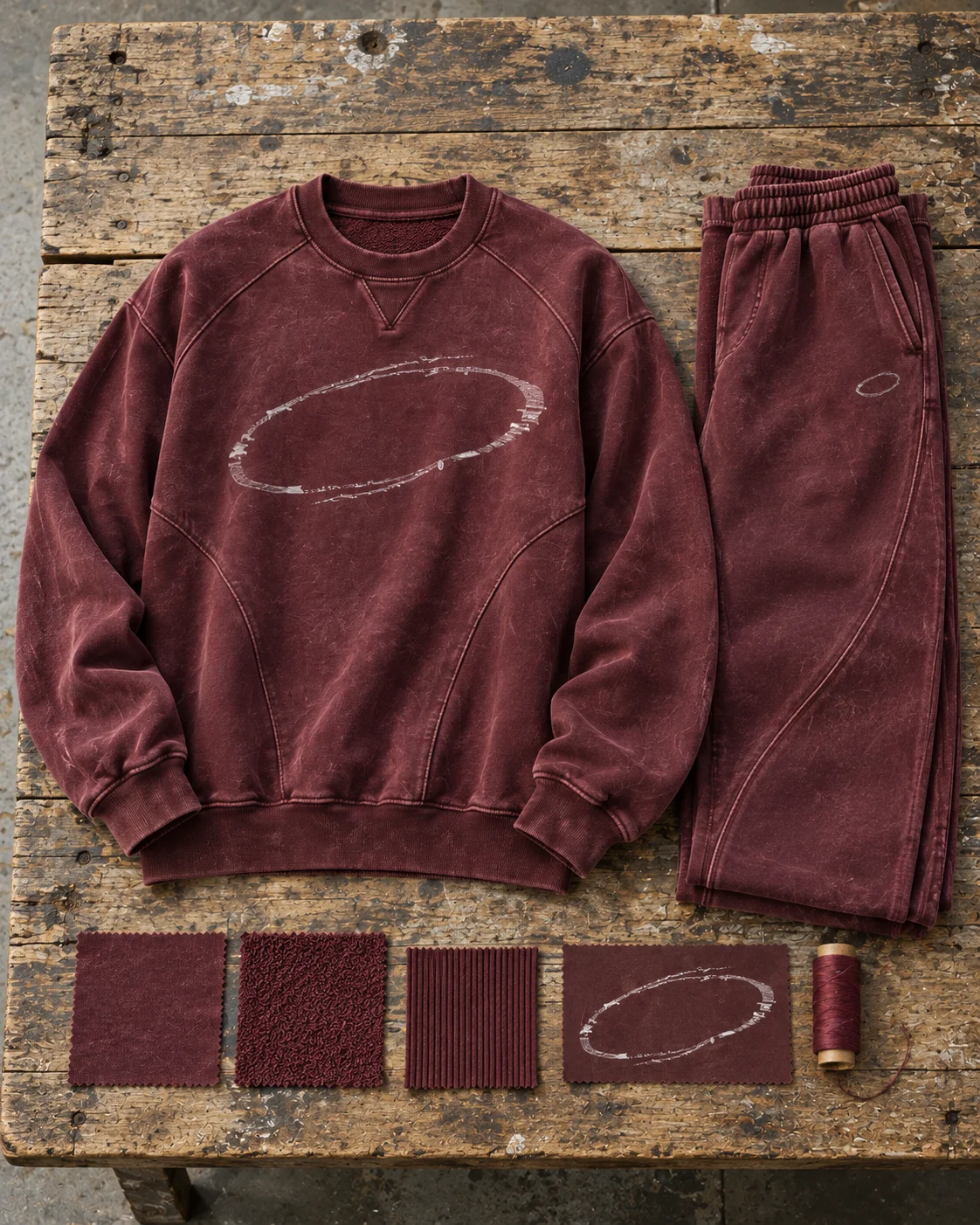 Two-piece development concept with materials and trims — Vintage-Wash Sweat Set in faded oxblood / chalk, AI-generated design concept