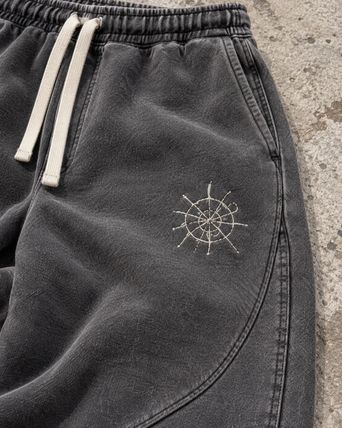 Close-up of fabric and signature construction — Wide-Leg Sweatpants in washed graphite / bone, AI-generated design concept